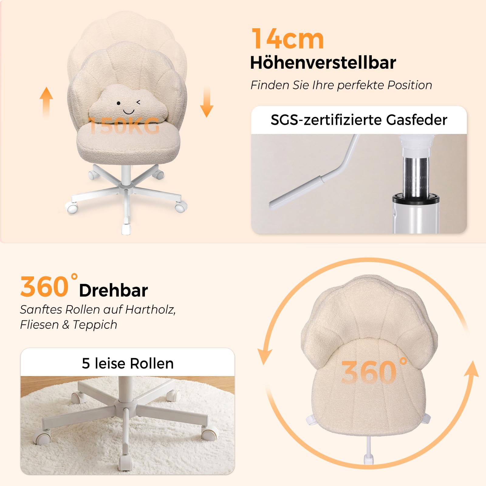 COMHOMA Schminkstuhl mit Rollen in Blütenform, Schreibtischstuhl mit Doppelter Rückenlehne und Wolkenkissen, Höhenverstellbarer Drehstuhl, Bürostuhl für Schlafzimmer, Homeoffice, Teddystoff, Beige