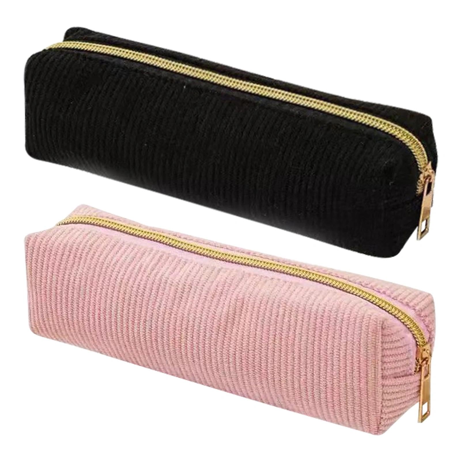 2 Pezzi Astuccio in Velluto a Coste, Elegante Astuccio per Ragazzi e Ragazze, Con Pratica Chiusura Lampo per Scuola, Università e Ufficio (Rosa/Nero)
