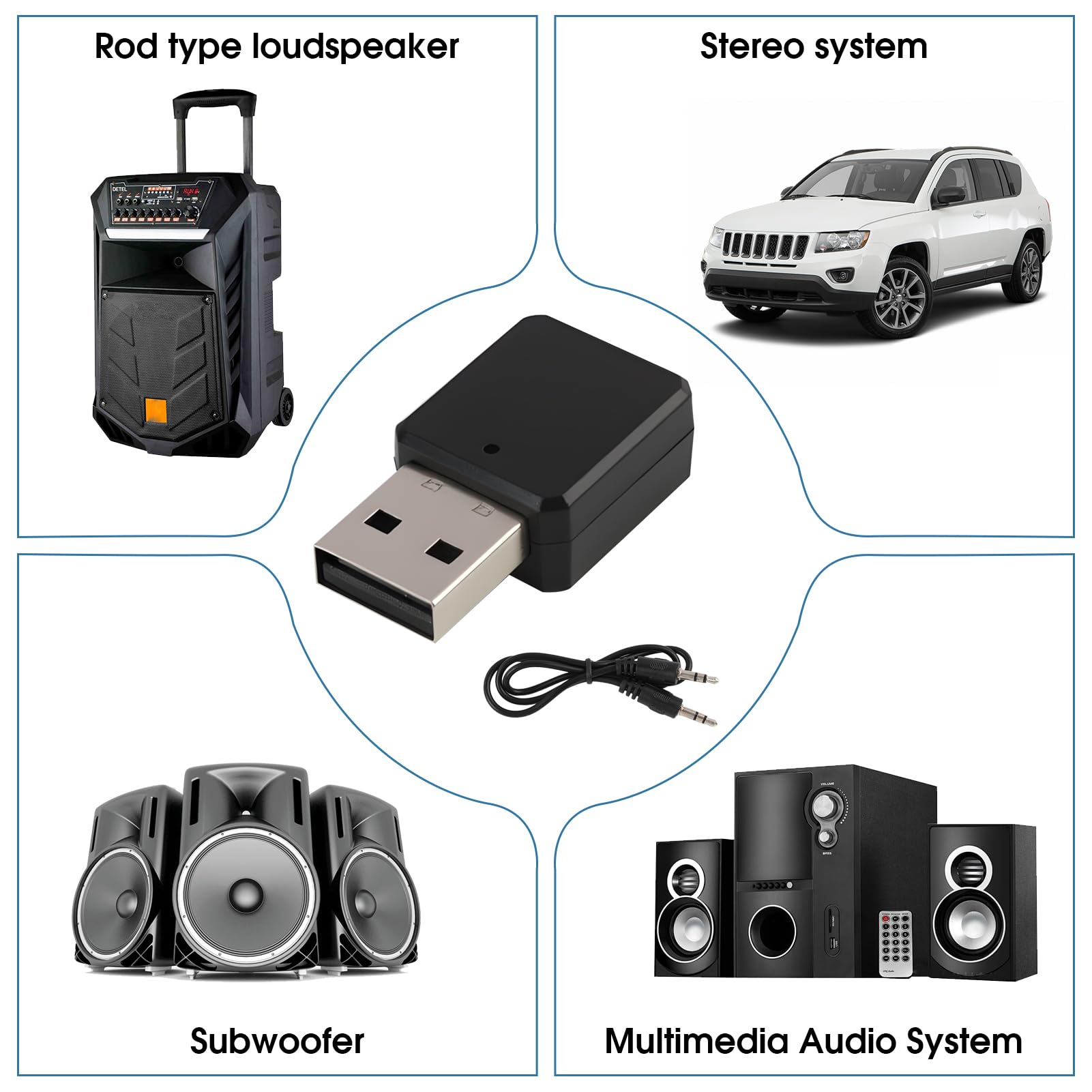 Adattatore USB Bluetooth 5.1 ricevitore per musica e vivavoce, adattatore Bluetooth USB per auto radio con cavo AUX, plug and play con microfono integrato, universale compatibile per auto, PC, TV