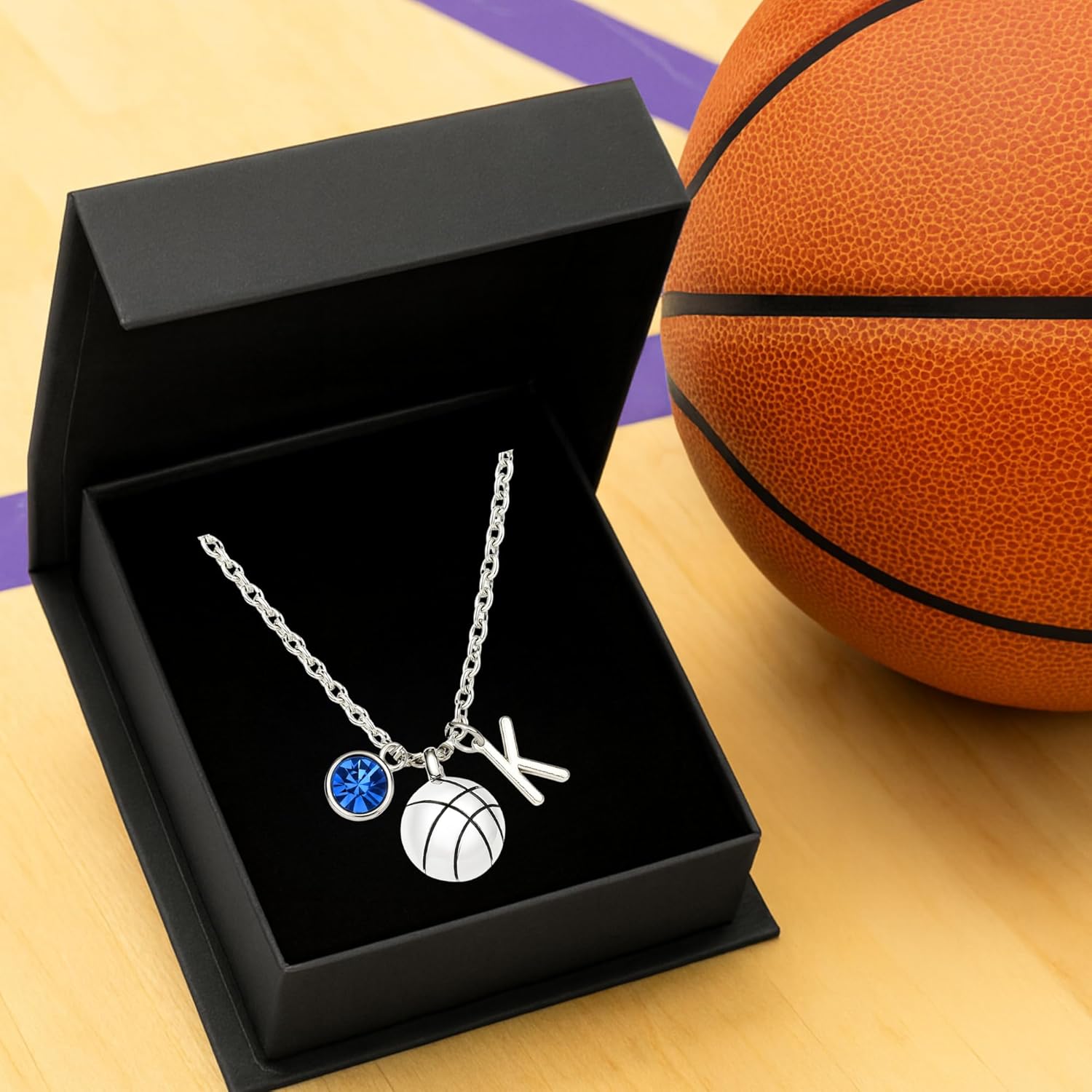 Personalized Basketball Necklace with Letter & Birthstone Charm, Basketball Jewelry, Gift for Players & Teams - Image 5