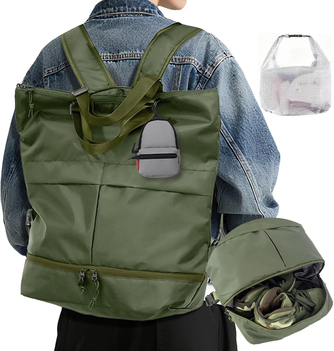 Casual Backpack with Shoe Compartment | Water Resistant Gym & Travel Bag for Men & Women with Wet-Dry Pocket & Clip-On PU Pouch (olive green)