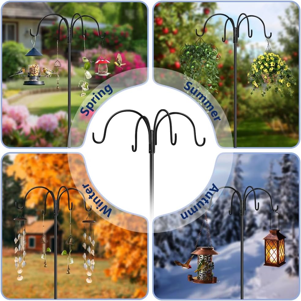 Shepherd Hook - Windproof Anti-Tip Base & 4 Heavy-Duty Hooks (for Planters, String Lights, Wedding Arch Decor)