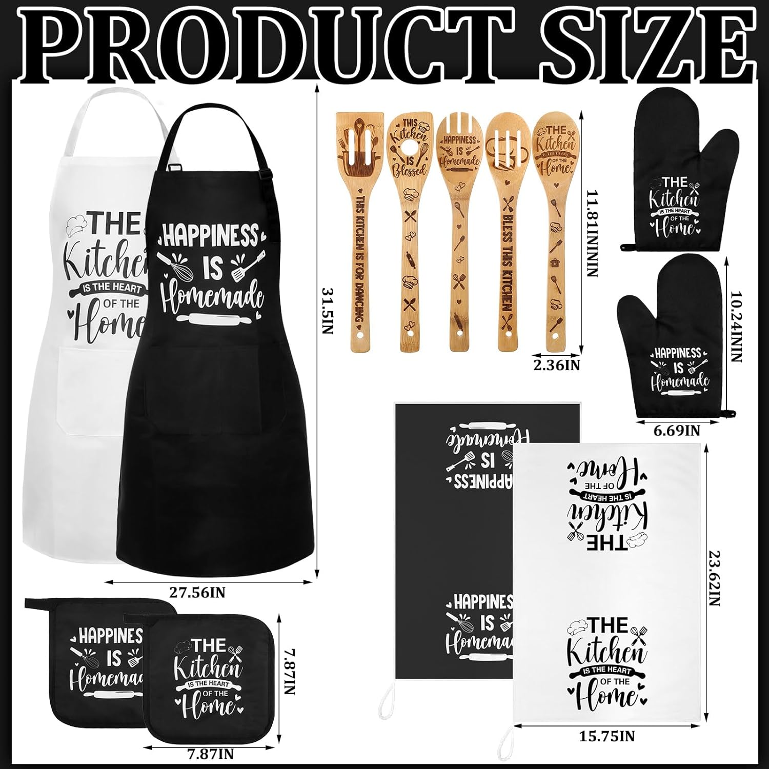 Bencailor 13 Pcs Kitchen Accessories Set, Dish Hand Towels Kitchen Apron Oven Mitts and Pot Holders Sets Rustic Vintage Wooden Spoons Black White Dishcloths for Home Decorations Gifts - Image 3