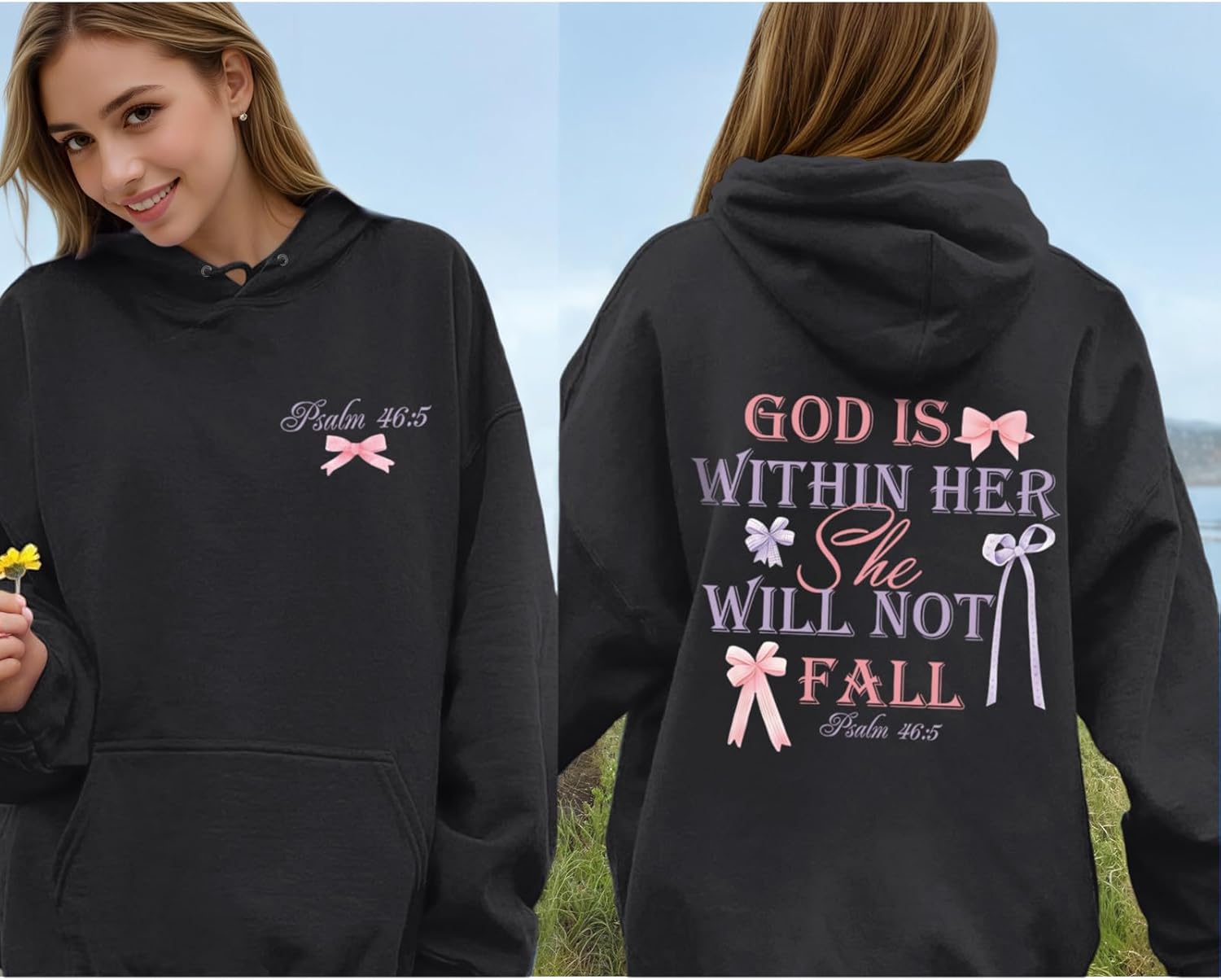God is Within Her She Will Not Fall Christian Hoodies for Women Jesus Bible Verse Hoodie Bow Hoodie - Image 2