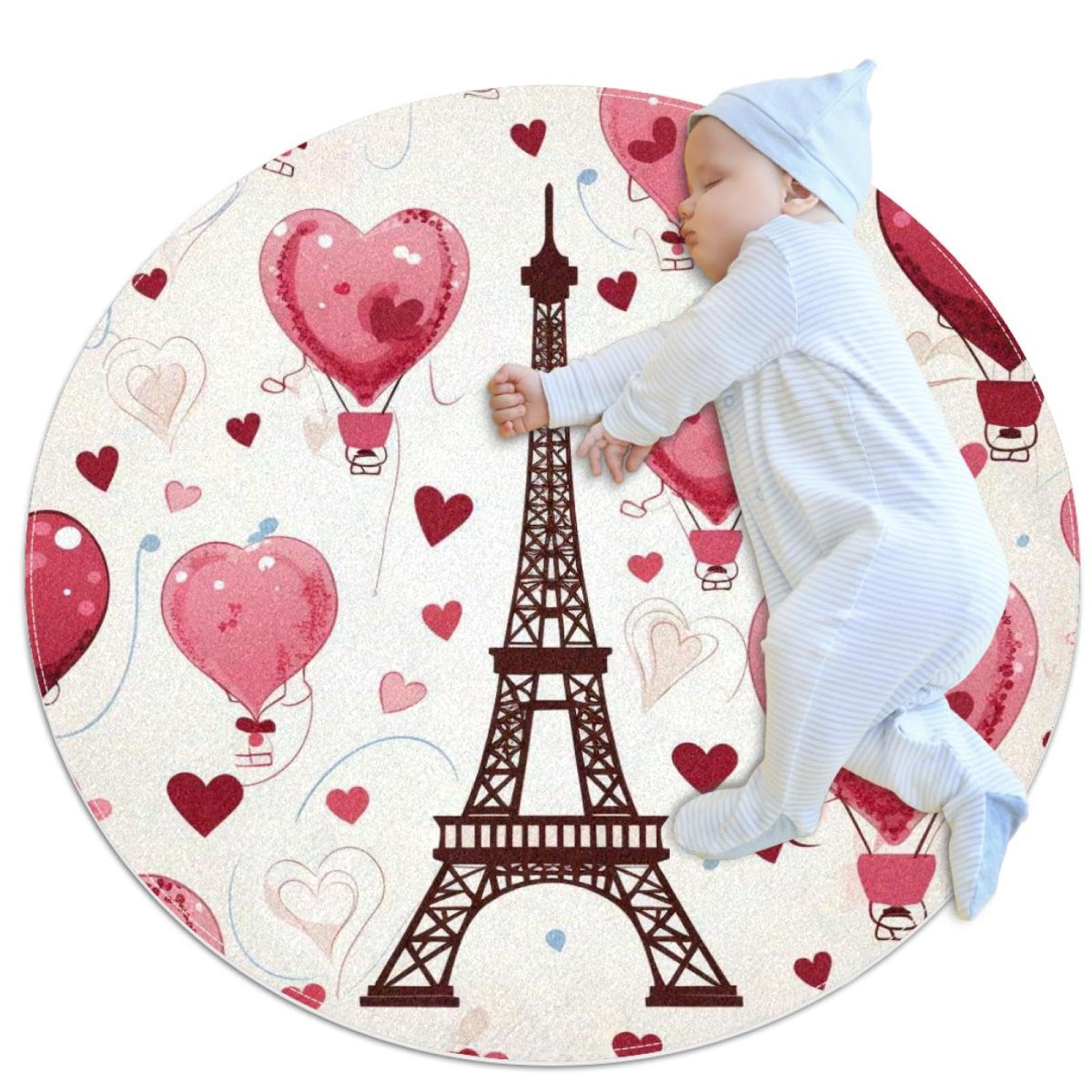 Tapis de salle de bain rond de 1m Tour Eiffel et cœur rose antidérapant