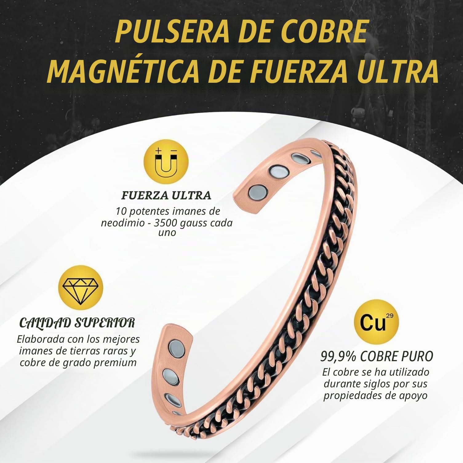 MagnetRX® Pulsera magnética – Brazalete de cobre puro eficaz para hombres y mujeres – Ajustable con incrustación de cadena