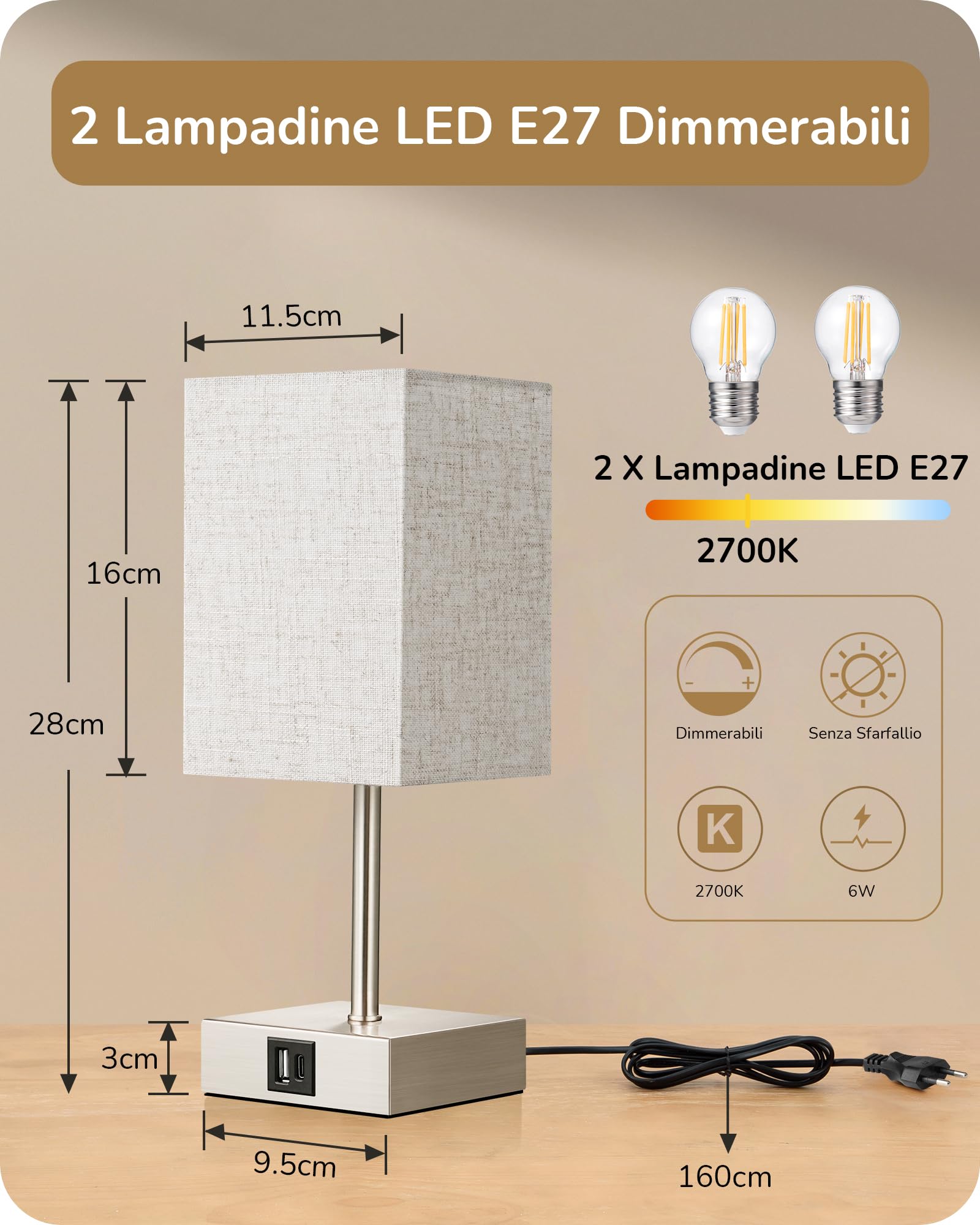 EDISHINE Lampada da comodino LED touch dimmerabile moderna lampada da