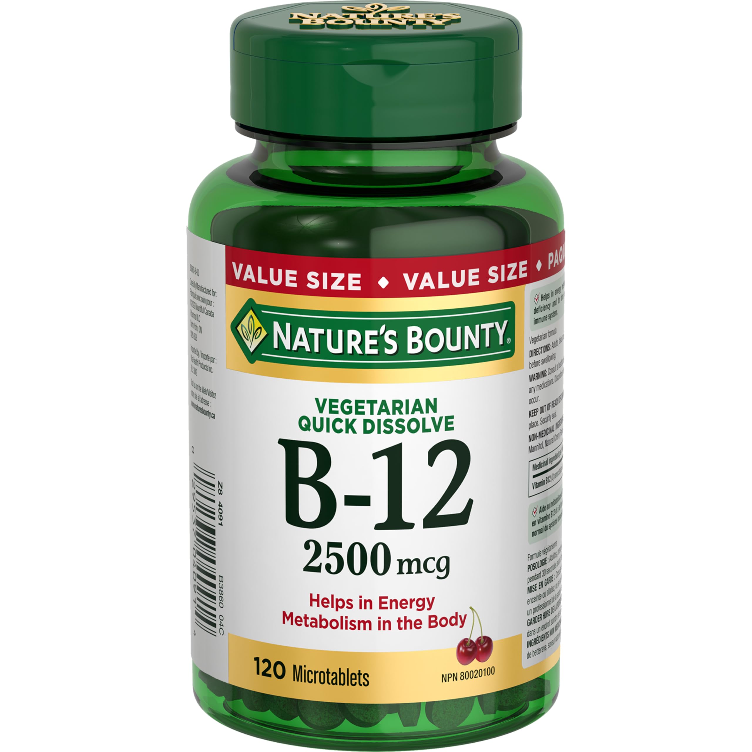 NATURE'S BOUNTY Vitamin B-12 Supplement, 2500 mcg, Quick Dissolve Tablets, Natural Cherry Flavour, Helps In Energy Metabolism, Essential In Normal Formation Of Blood Cells, 120 Tablets, 42 g