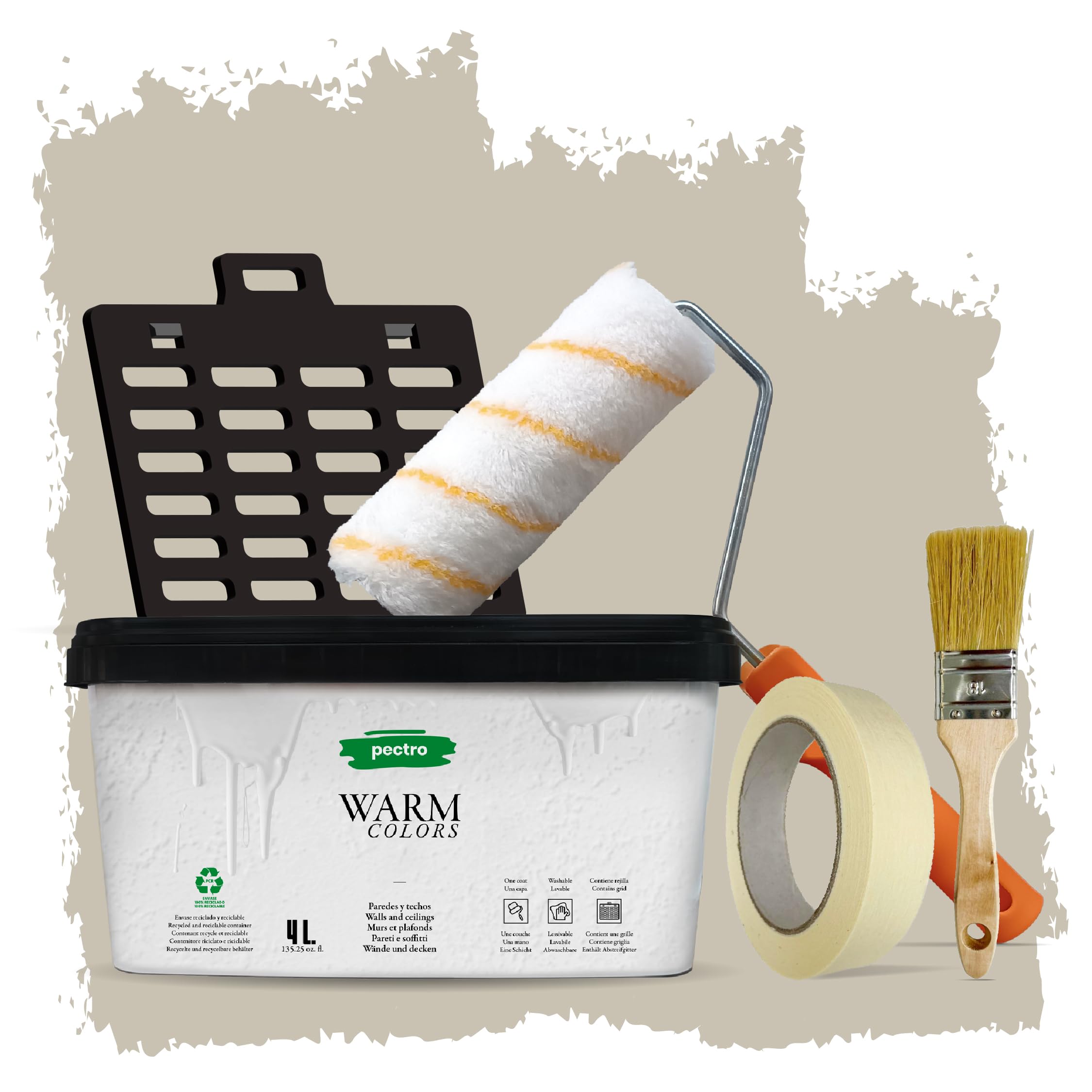 PECTRO Pittura Mano Unica 4L (6,3kg) Set con rullo, pennello, griglia e nastro in carta - Pittura per Interni Lavabile per Pareti e Soffitti – Monomano per Camere e Soggiorni