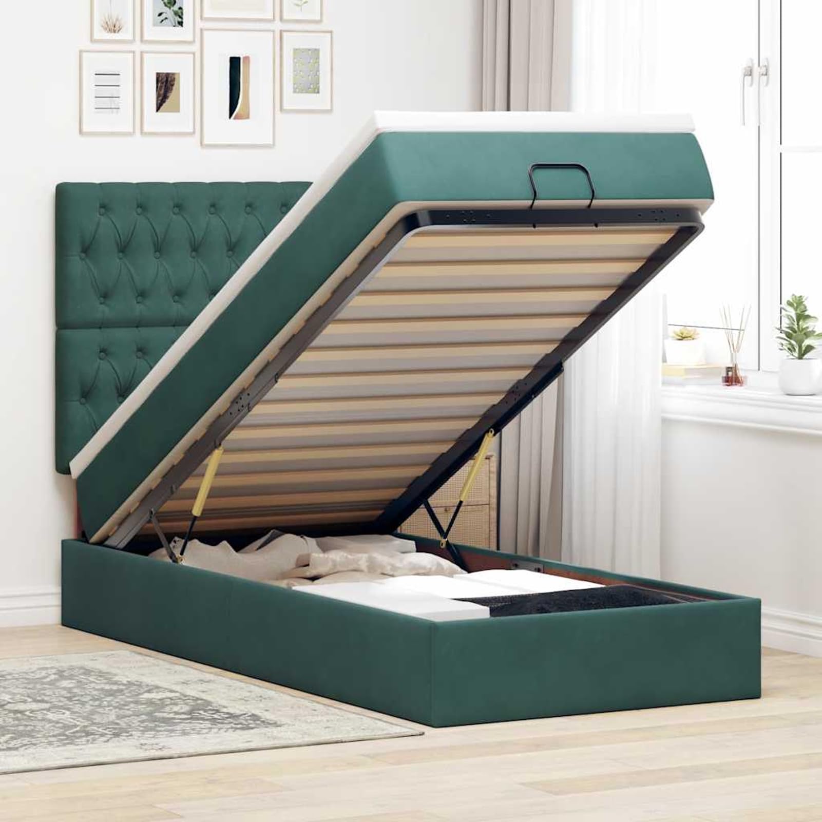 Struttura Letto Pouf con Materassi, Materiale Velluto Morbido, Materasso a Molle Insacchettate, Supporto Personalizzato, Vano Portaoggetti, Sollevamento Idraulico, 80x200 cm, per Camera da Letto