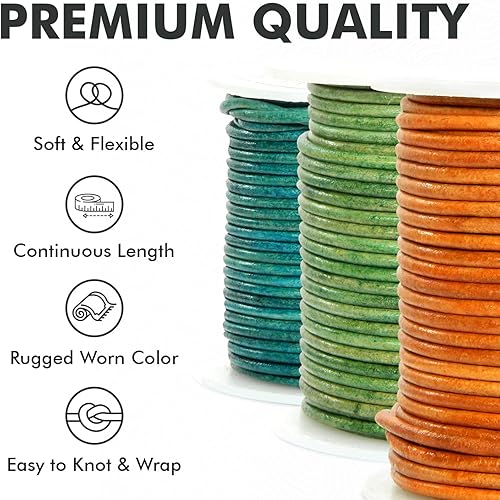 Miniatura 5 de Cordón redondo de cuero de 0.079 in, cuerda de 27 yardas para hacer joyas, pulseras, collares, trenzas Kumihimo, envolturas, manualidades,
