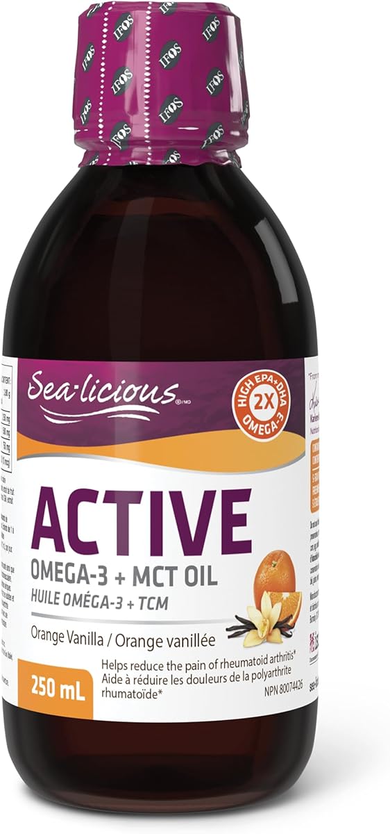 Sealicious Active Omega-3 Fish Oil + MCT Oil 2250 mg EPA & DHA, 250 ml Liquid = 50 Servings, HIGH POTENCY, Orange Vanilla Flavour, Supports Cardiovascular & Cognitive Health, No Fishy Aftertaste, Canadian Company