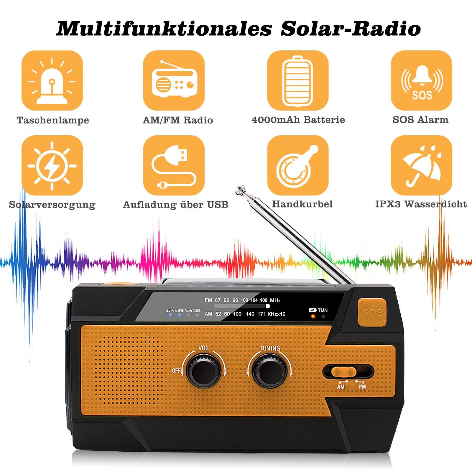 Nigecue Solar Radio, Tragbar Kurbelradio Dynamo Radio mit AM/FM, Eingebaute 4000mAh Wiederaufladbare Batterie, 4 Modi LED Taschenlampe, LED Leselampe mit Bewegungssensor, SOS-Alarm für Notfall Ourdoor