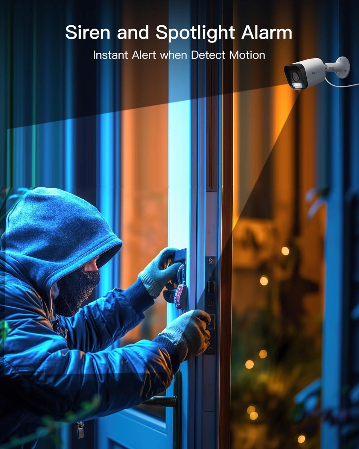 Arenti O3 camera with spotlight and siren alarm deterring an intruder