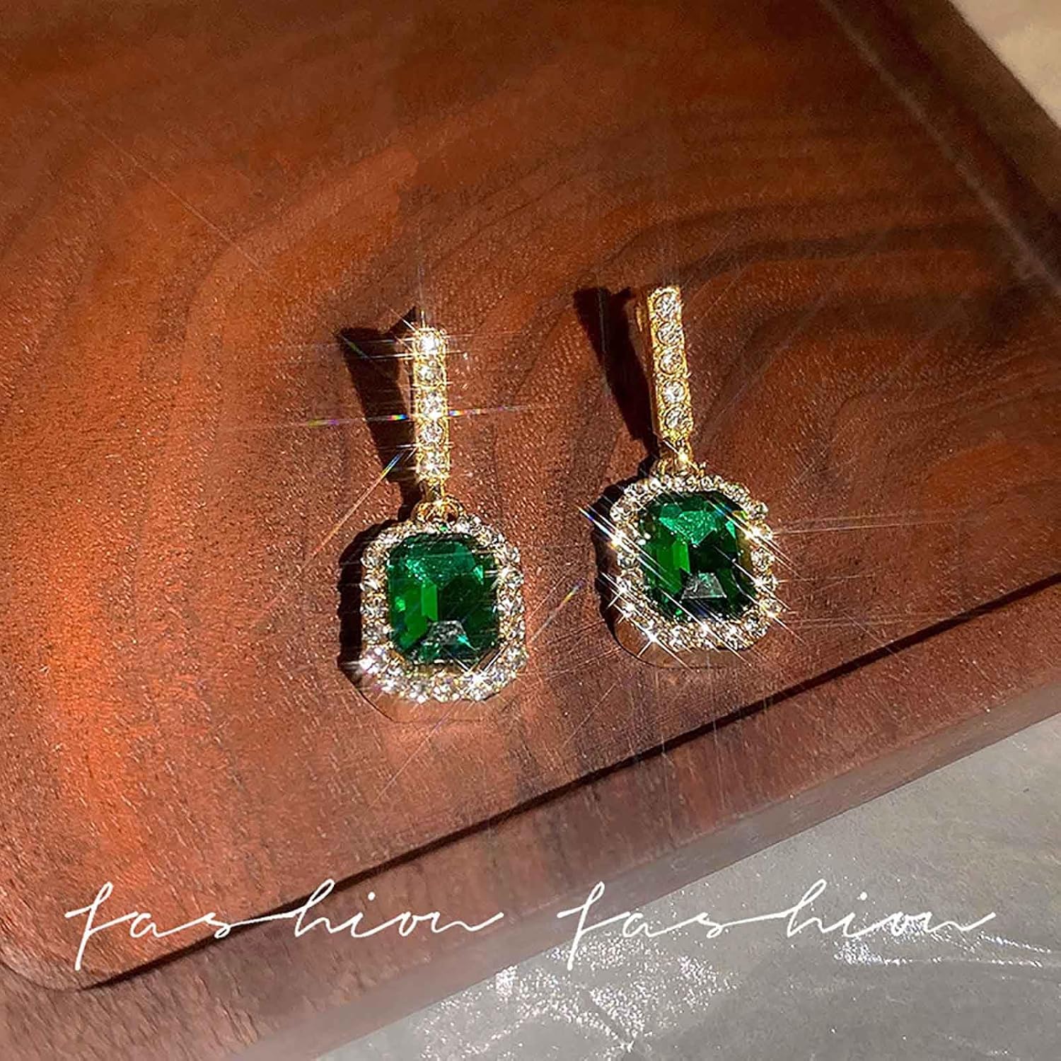 W WEILIRIAN Boho Emerald Drop Earrings Square Crystal Earrings Rhinestone Bar Stud Earrings Sparkly Cz Earrings Jewelry for Women and Girls Gifts - Image 3