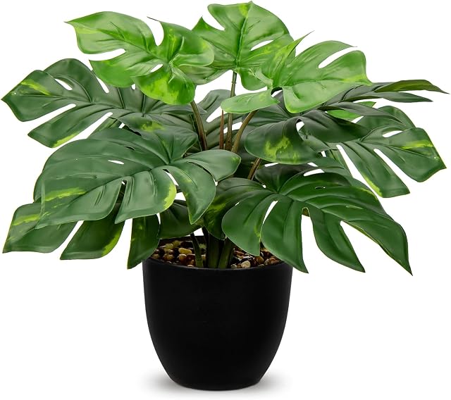 Hollyone Artificial Monstera Plant Faux Monstera Deliciosa Plant Potted Fake Tropical Plants in Black Pot for Indoor Outdoor Home Decoration