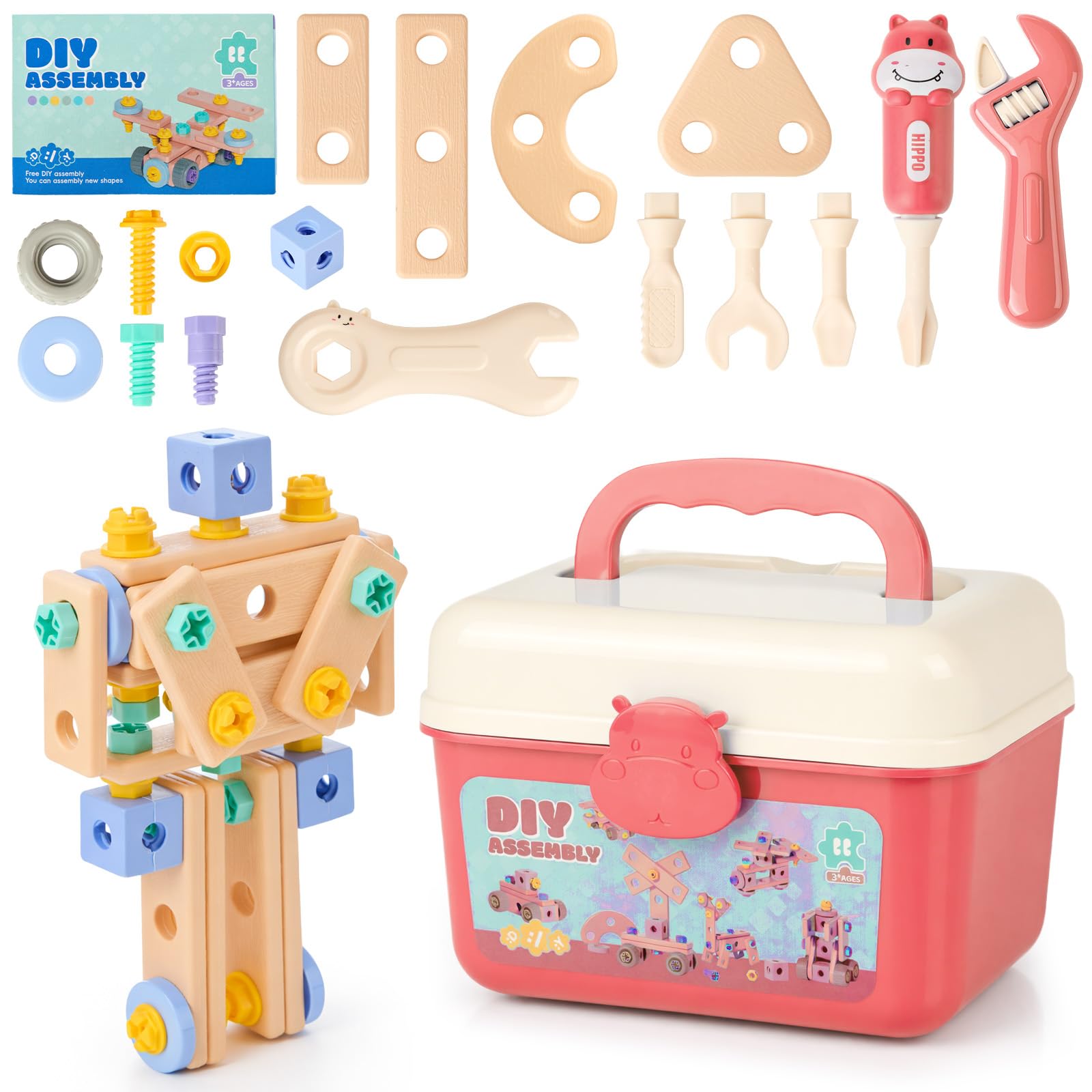 Montessori DIY Construction Tool Set for 3+ Year Olds - Educational Building Kit with Storage Box, Toddler Learning Toys for Boys & Girls (pink)