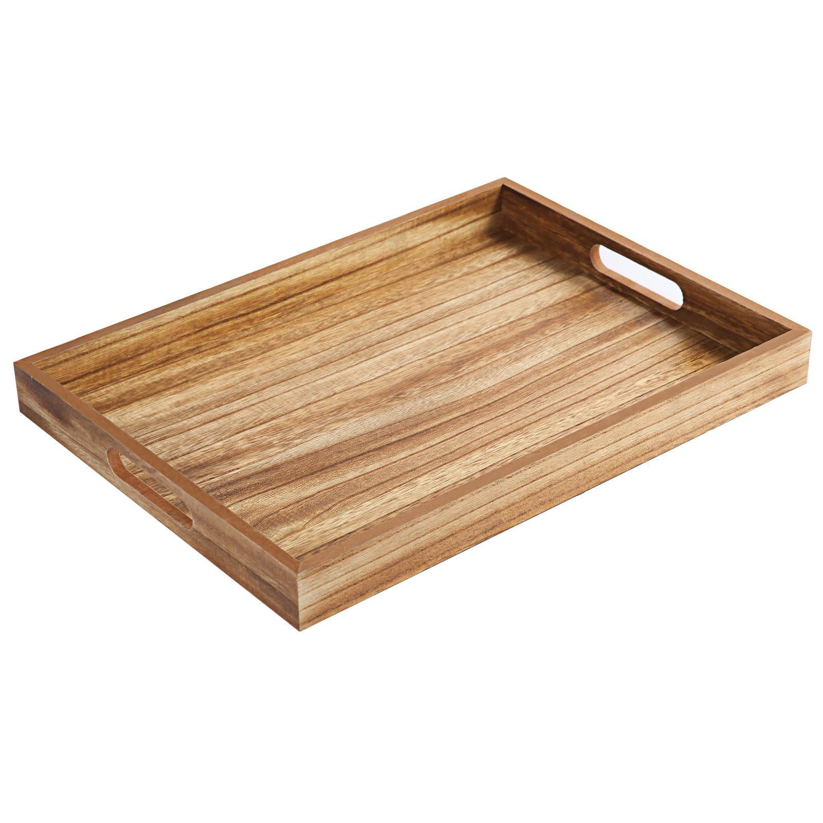 Krismax Wooden Serving Tray with Handles, Serving Platter 15.7x11.4 Inch Food Drinks Tray for Coffee Table,Decorative Storage Tray for Entertaining, Breakfast Tray in Bed,Lunch,Dinner,BBQ(Brown)