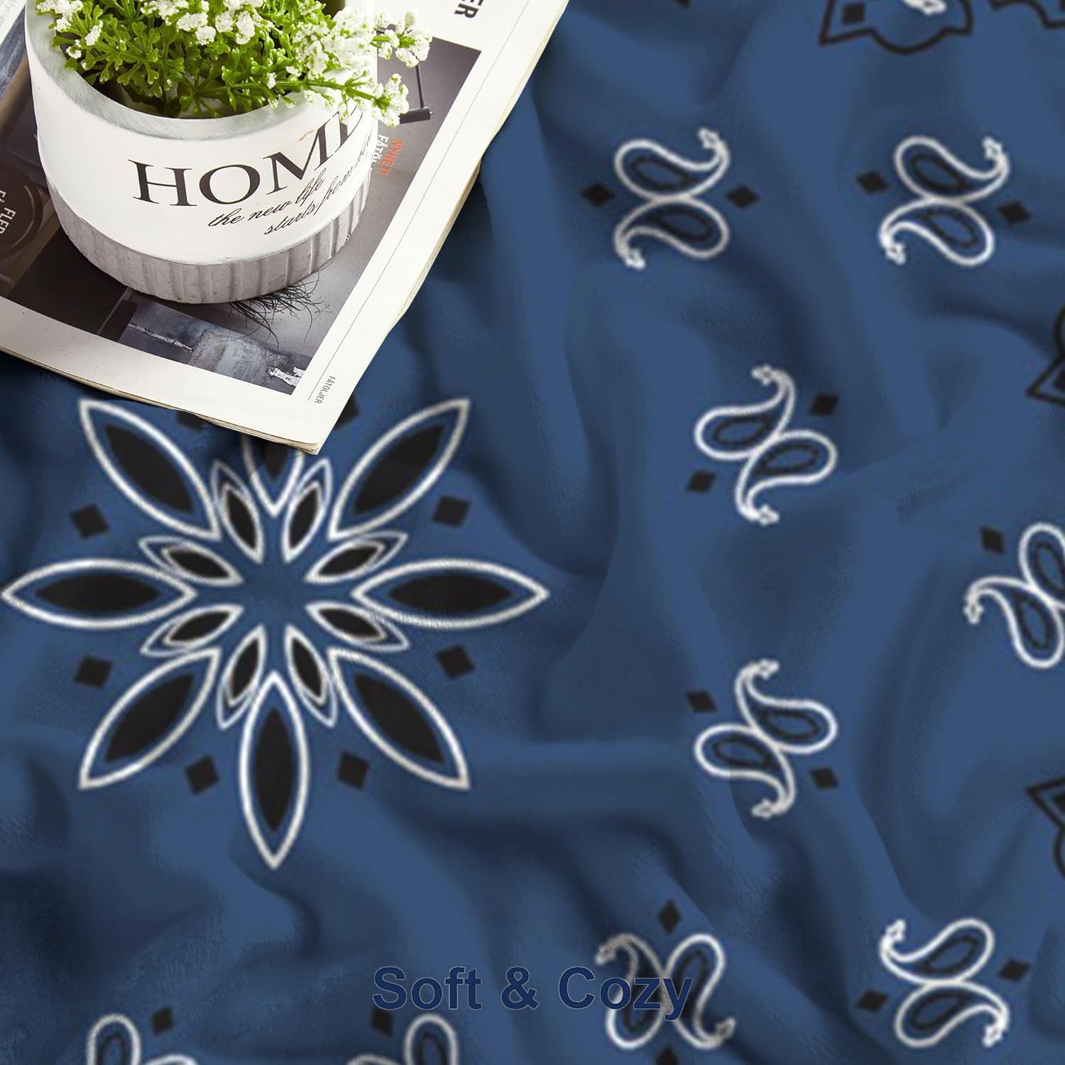 60x80 Inches Flannel Throw Blanket Colorful Pattern Blue Paisley Bandana Border Scarf Black Classic Home Decorative Warm Cozy Soft Blanket for Couch Sofa Bed - Image 5