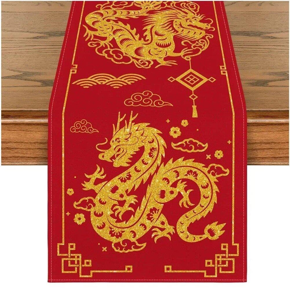 Haowul Chinese Dragon Table Runner Lunar New Year Table Runner Red Table Cloth for Home Party Spring Festival Table Decoration