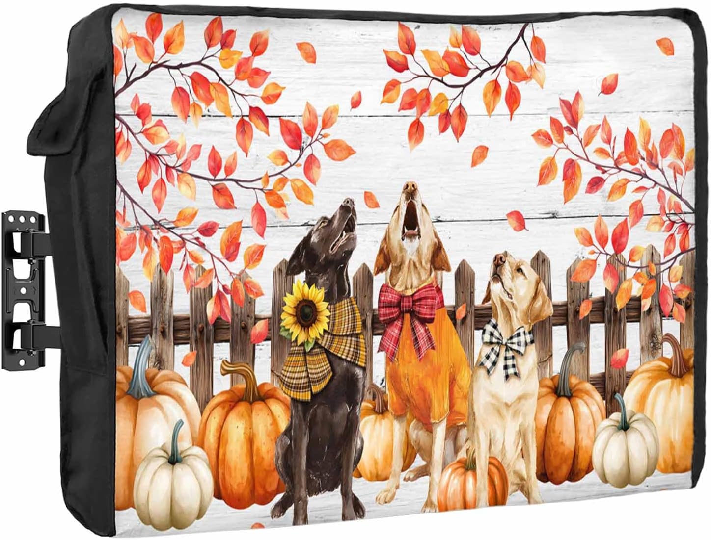 Dog with Bow Outdoor TV Cover Fall Leaves Pumpkin Tree Wood Plank Waterproof and Weatherproof 48"-50" LCD Movable Shield TV Display Screen Protector Outside Television Covers 48"Wx30"H