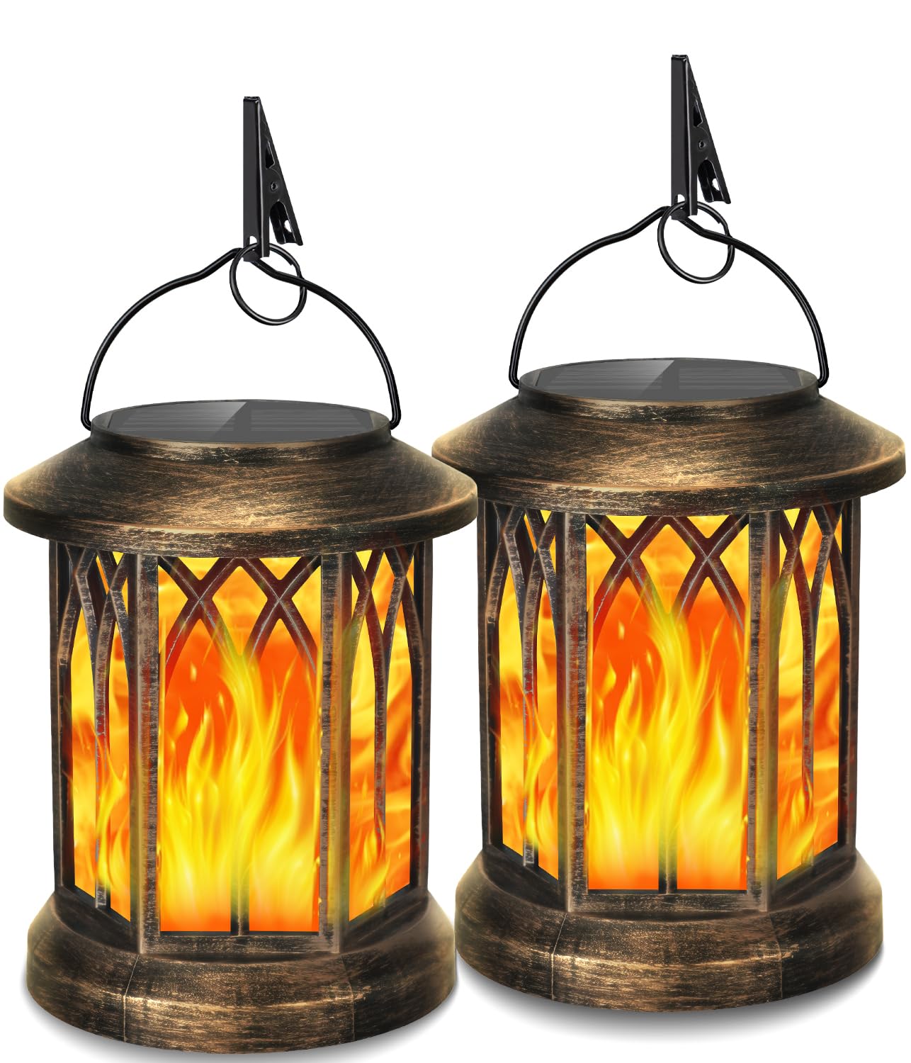 Solar Lanterns Outdoor Waterproof, Solar Lantern Flickering Flame, Hanging Solar Lights for Outside, Outdoor Solar Lanterns, Lanterns Decorative Outdoor for Outdoor Yard Backyard Patio Decor, 2 Pack
