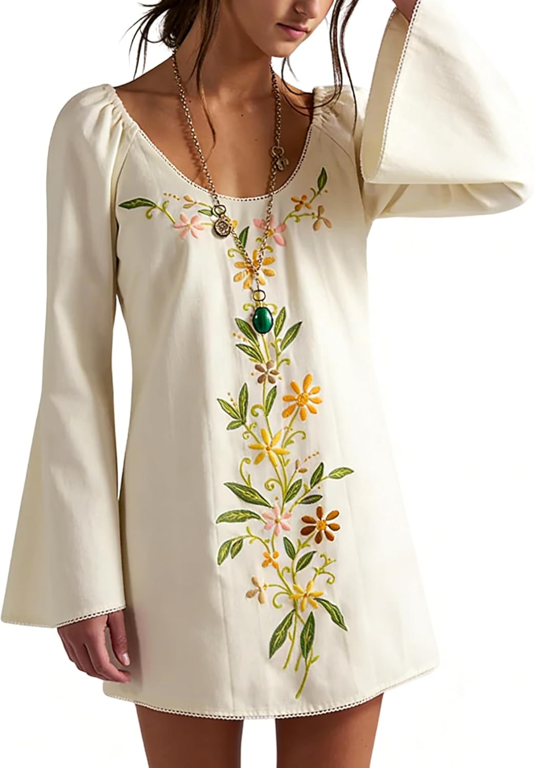 Women's Boho Embroidery Crewneck Mini Dress - Casual Long Sleeve Babydoll Swing Dress Summer Beach Cover Up