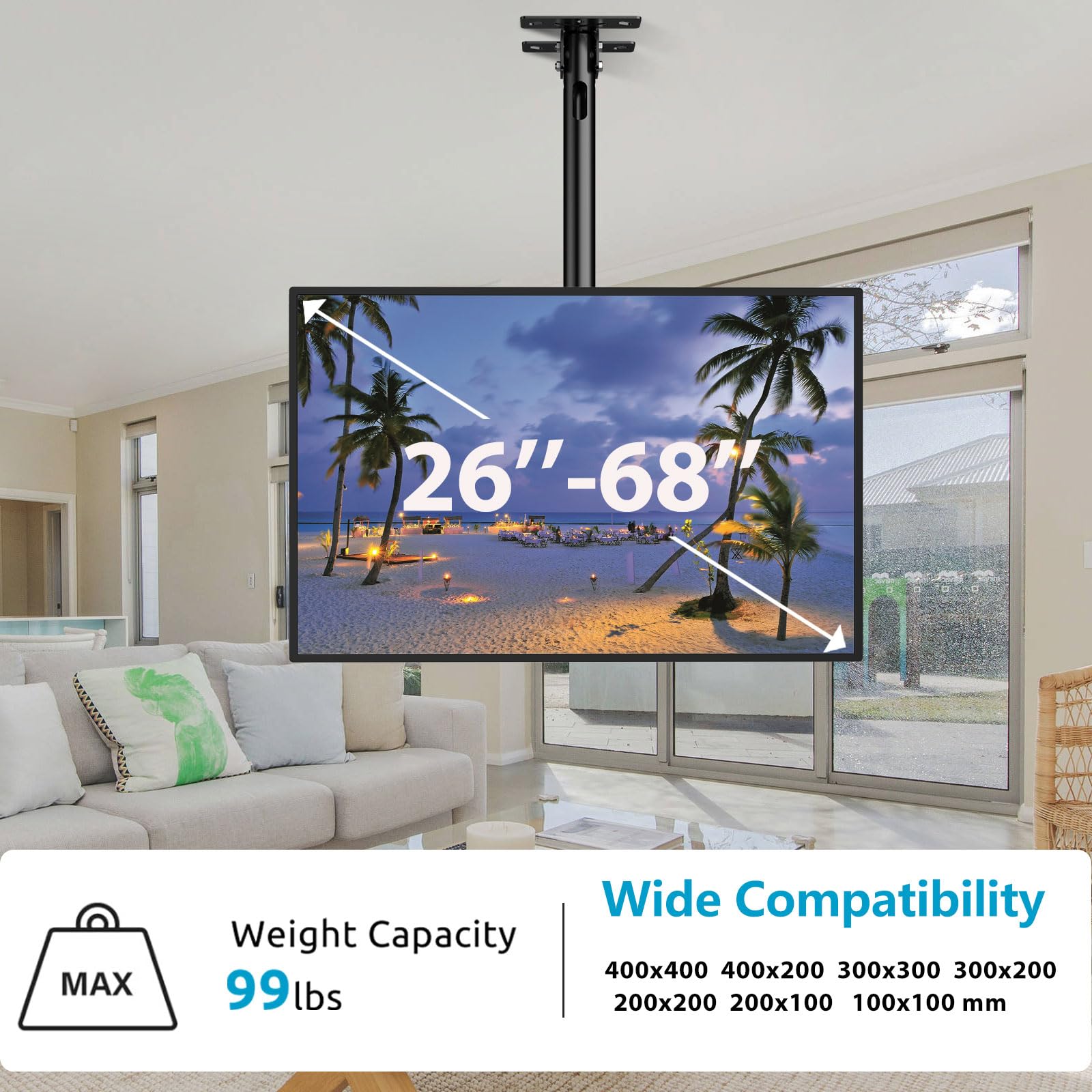 Soporte de techo para TV para visualización plana de 26 a 68 pulgadas, se adapta a la mayoría de televisores LCD LED OLED, montaje en poste de hasta 100 libras, VESA máximo, 400 x 400 mm
