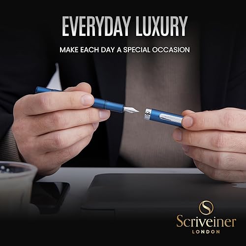 Miniatura 8 de Scriveiner Pluma estilográfica EDC de lujo (fina), impresionante bolígrafo de bolsillo azul mate, acabado cromado, punta alemana Schmidt,