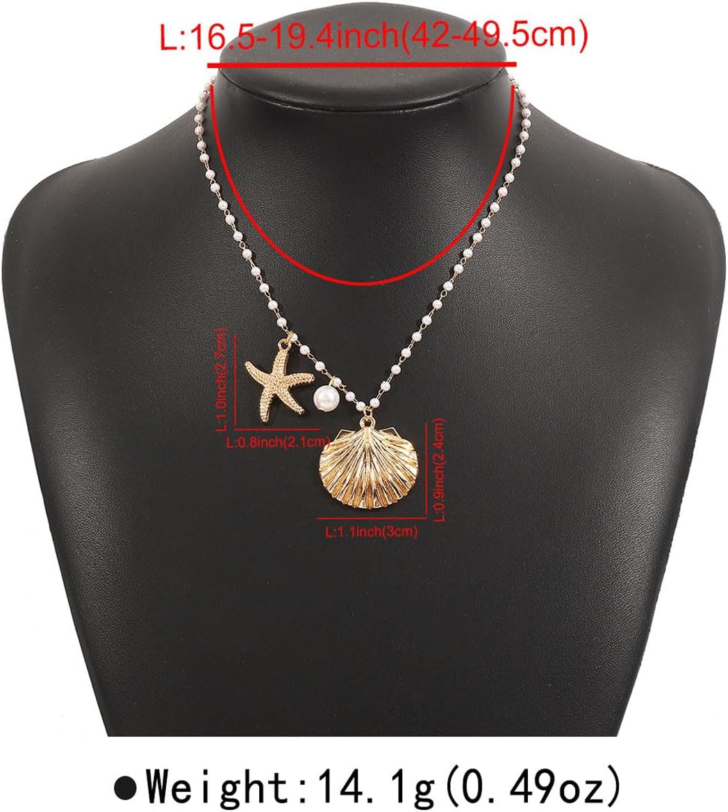 Gold Shell Necklace for Women Gold Seashell Starfish Pendant Necklace Shell Choker Pearl Beaded Chain Necklaces Summer Beach Jewelry - Image 5