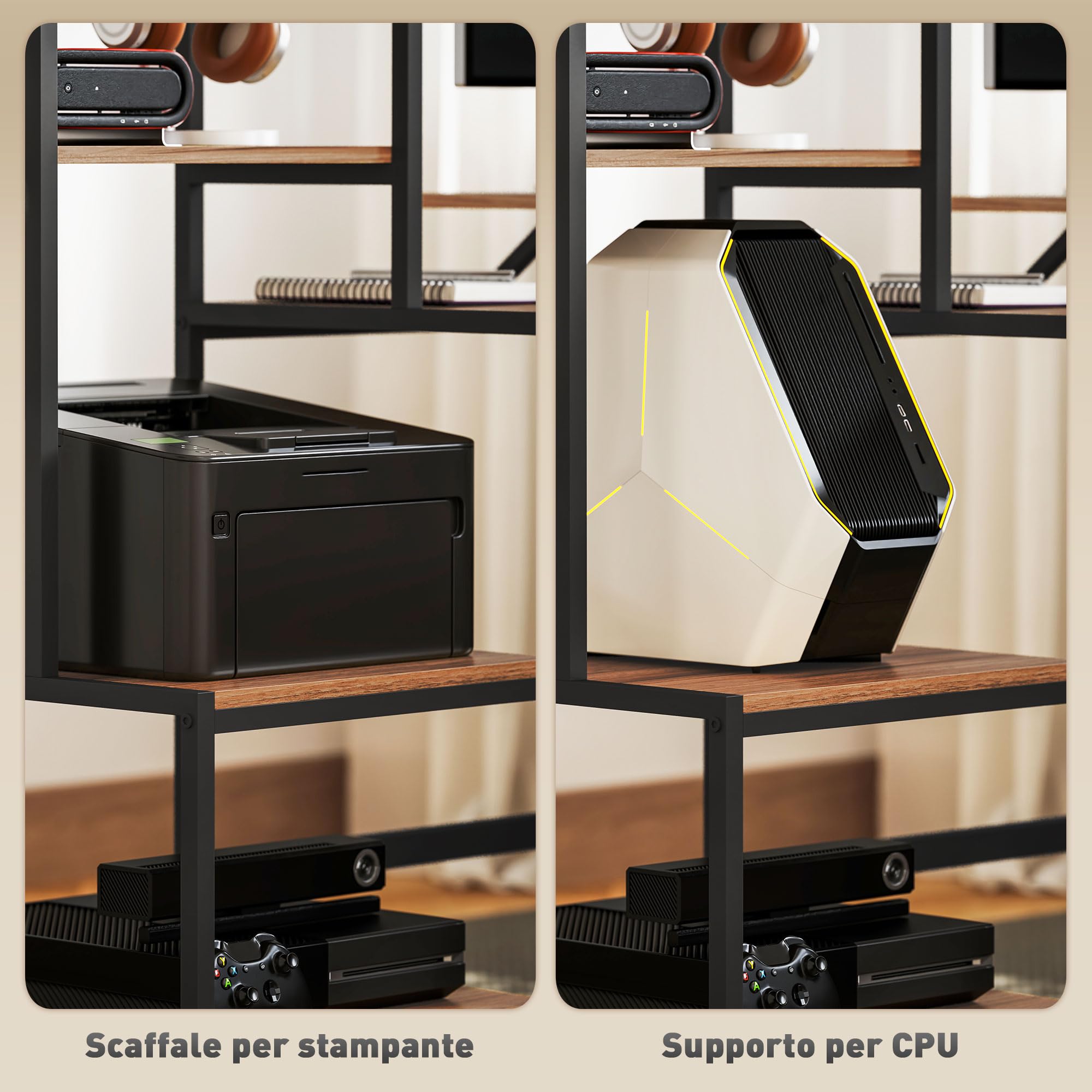 HOMCOM Scrivania PC con Scaffale Reversibili a 4 Ripiani e Supporto per Monitor, Scrivania per Computer 15.6" con Piano per CPU e Stampante, per Ufficio e Studio, 150x48x125cm, Marrone