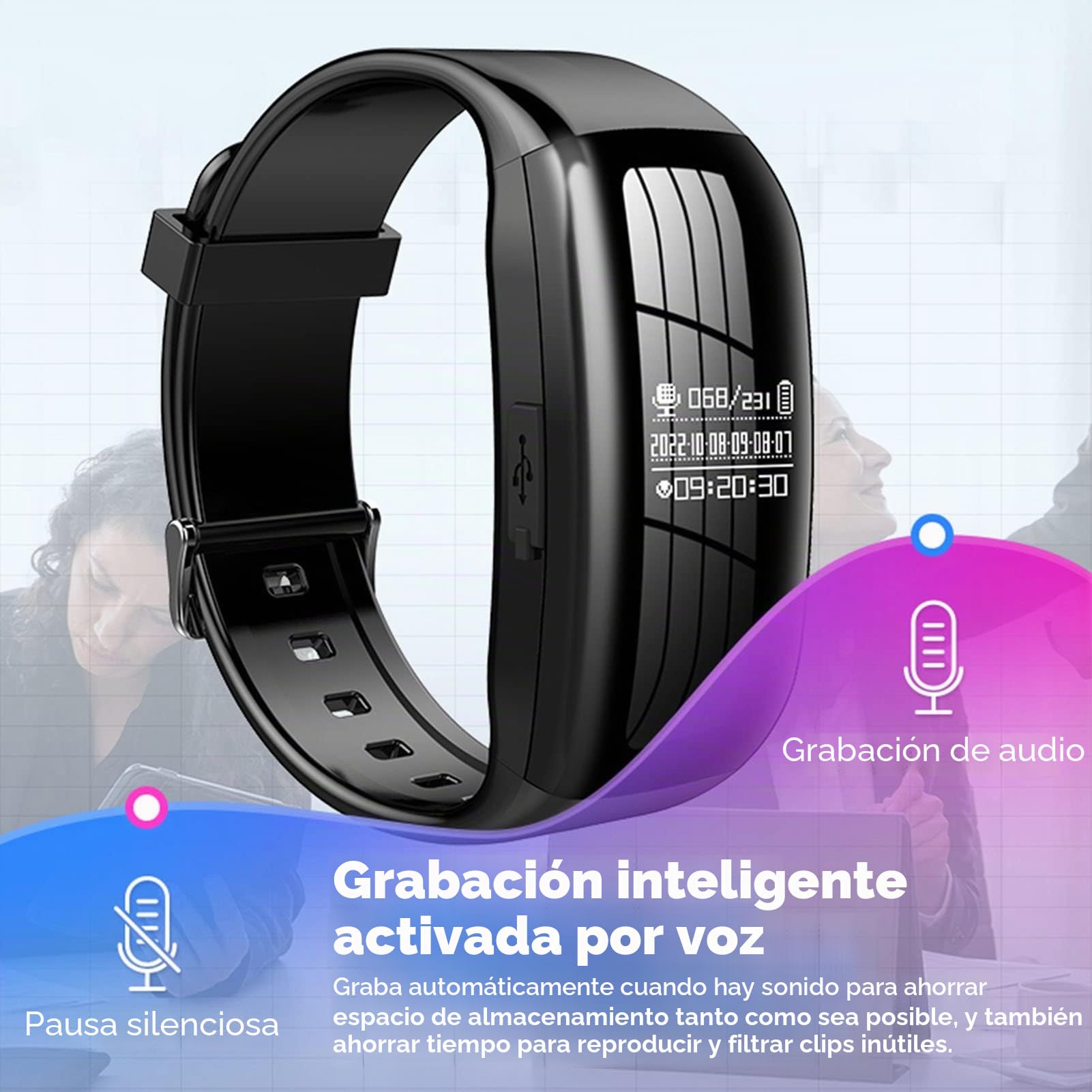 Reloj con Grabadora de Voz Digital, Pulsera con Grabadora Activada por Voz con Reducción de Ruido HD, Dispositivo de Grabación con un Clic para Entrevistas, Reuniones de Negocios (8G)