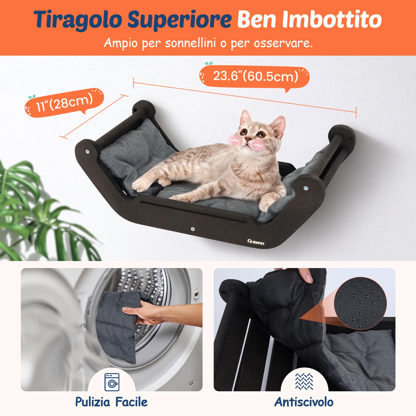 BSWAY Trespolo per Gatti con Parete Amaca e 3 Gradini, Multifunzionale per Dormire, Giocare e Arrampicarsi (XL, Letto per gatti​)