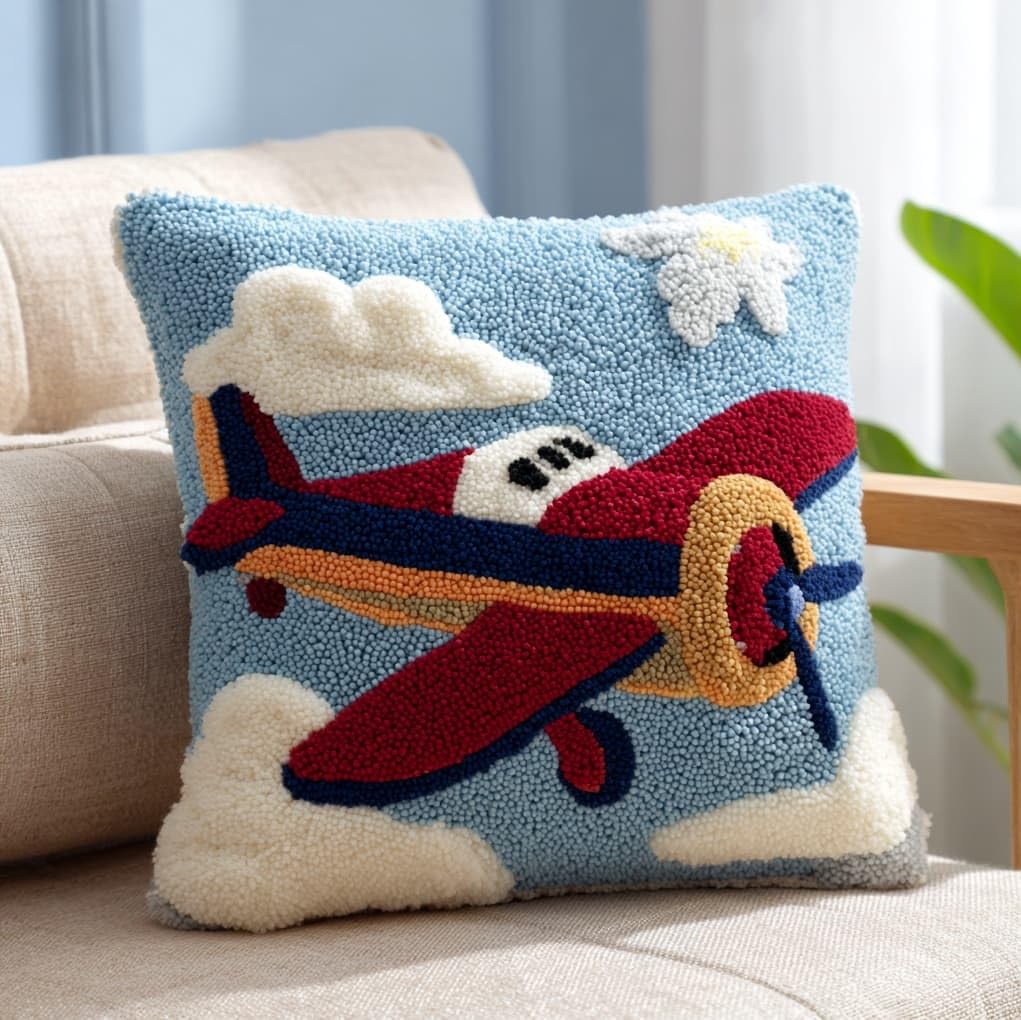 WallustrioaW DIY Latch Hook Kits,Cartoon Airplane,Needlework Pillow Cover DIY Hooks Knitted Pillow Embroidery Latch Hook Cushion Kit,17x17in