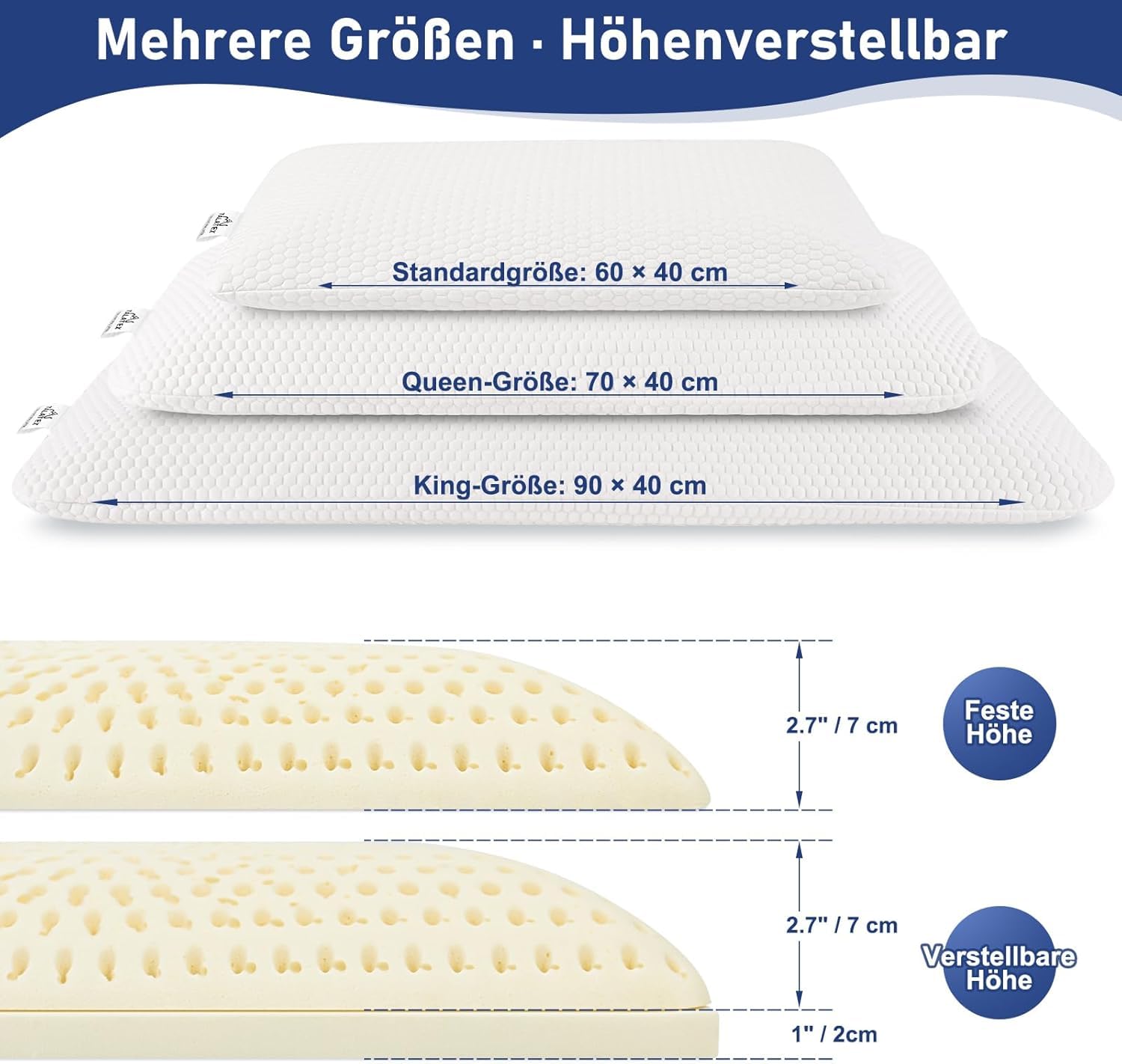 Talatex Natural Latex Flaches Kopfkissen,Ultra-Schlank-Kissen Für Bauchschläfer, Dünnes Latex-Kissen Hilft Bei Der Druckentlastung, Perfektes Paket (Standard (60×40×7cm))