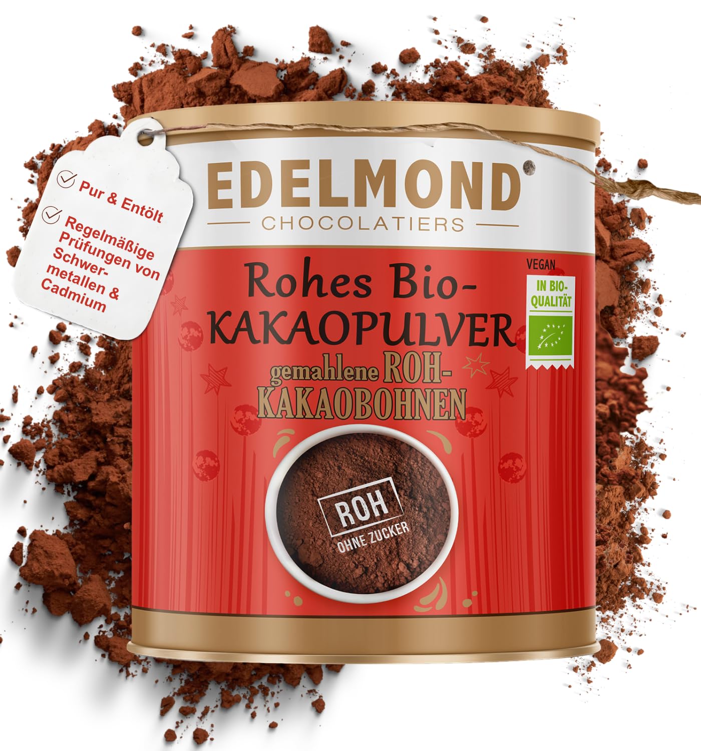 Bio Kakaopulver Rohkost von Edelmond. Cadmium Analysiert. 100% pur + entölt als Rohkost oder Smoothie cacao. AAA Chocolatiers Qualität (200GR)