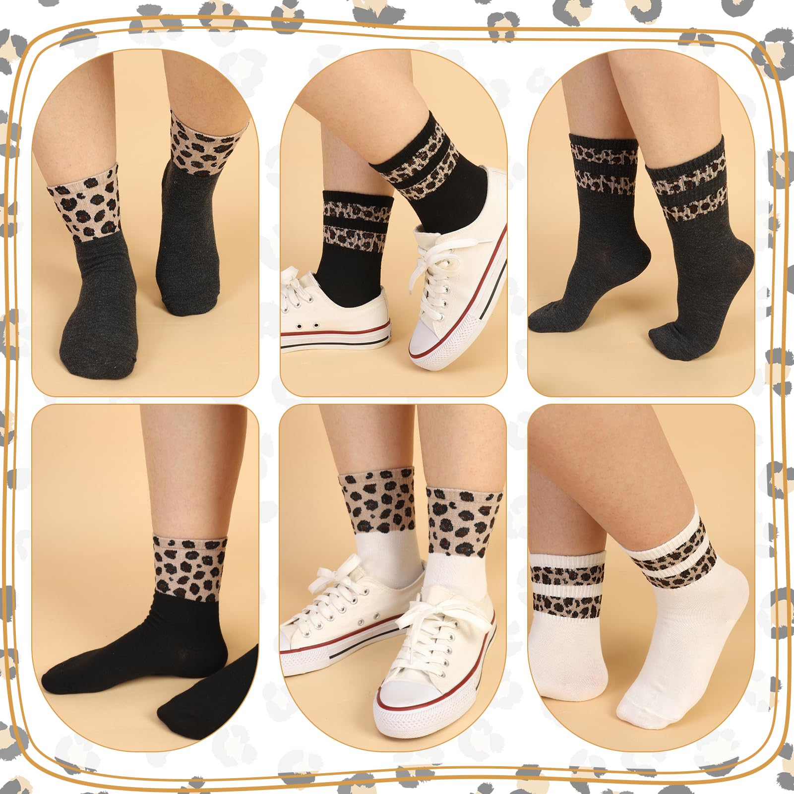 Lot de 6 paires de chaussettes de tennis pour femme - 35-38 - Motif léopard - Chaussettes de course - sport