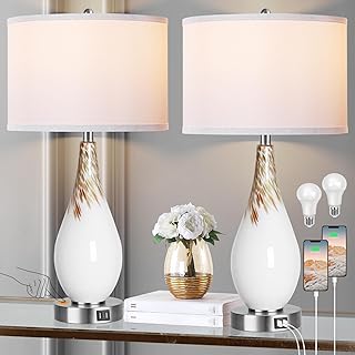 PARTPHONER Touch Control Table Lamps Set of 2, 27.5" Tall Modern Art Glass Bedside Lamp with USB Ports, 3-Way Dimmable Hand Crafted Nightstand Lamps White Drum Shade for Living Room Bedroom Home