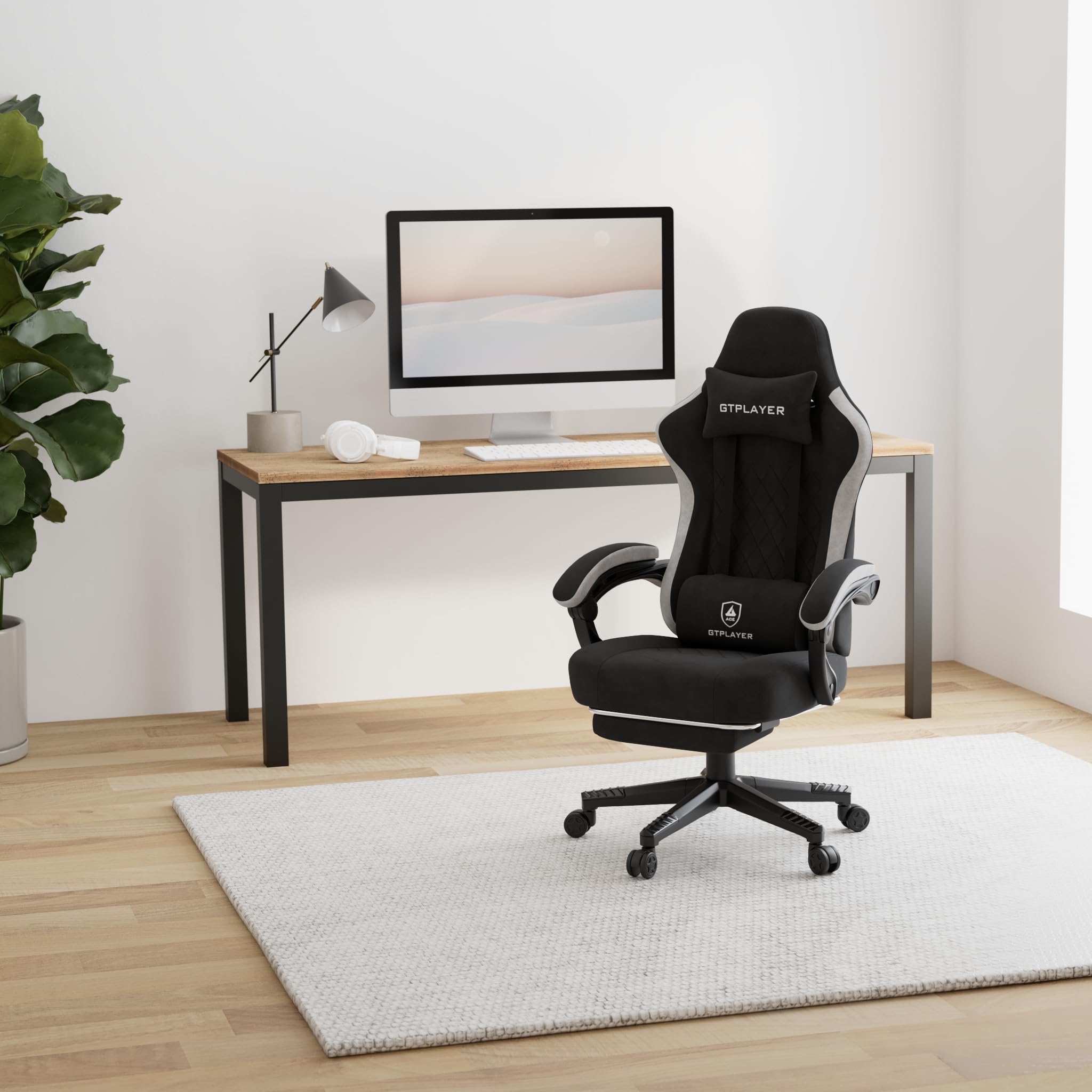 GTPLAYER sedia gaming ergonomica sedia da gaming tessuto traspirante schienale alto con cuscino imbottito a molle, poggiatesta e supporto lombare per giochi di studio e lavoro nero