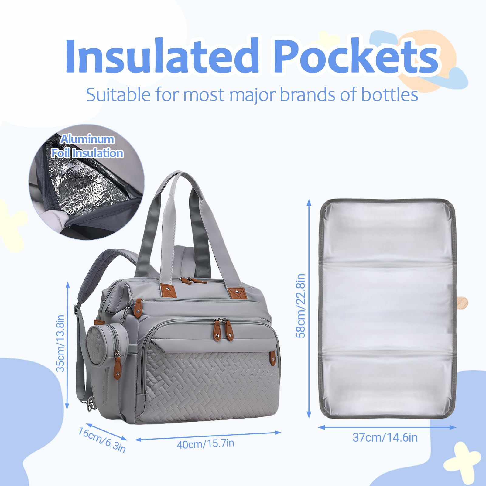 Baby Changing Bag Large Waterproof Nappy Bags for Pram with Portable Nappy Changing Mat Bottles Pacifier Bag An Adjustable Strap for Mom and Dad Walk Travel Shopping(Grey) - Image 4