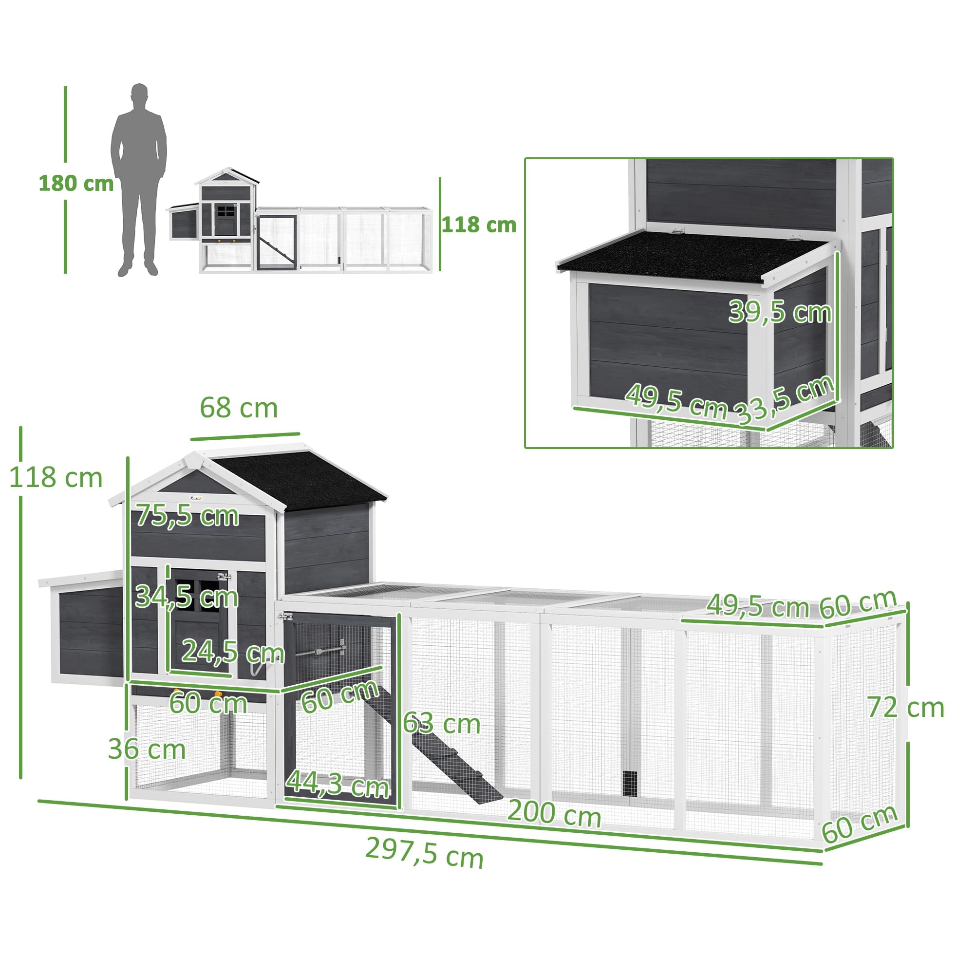 PawHut Poulailler en Bois avec Pondoir 3-6 Poulets Bois Massif Blanc | Poulailler pour Poules Extérieur, Niche Séparée, Plusieurs Portes, Bac Amovible