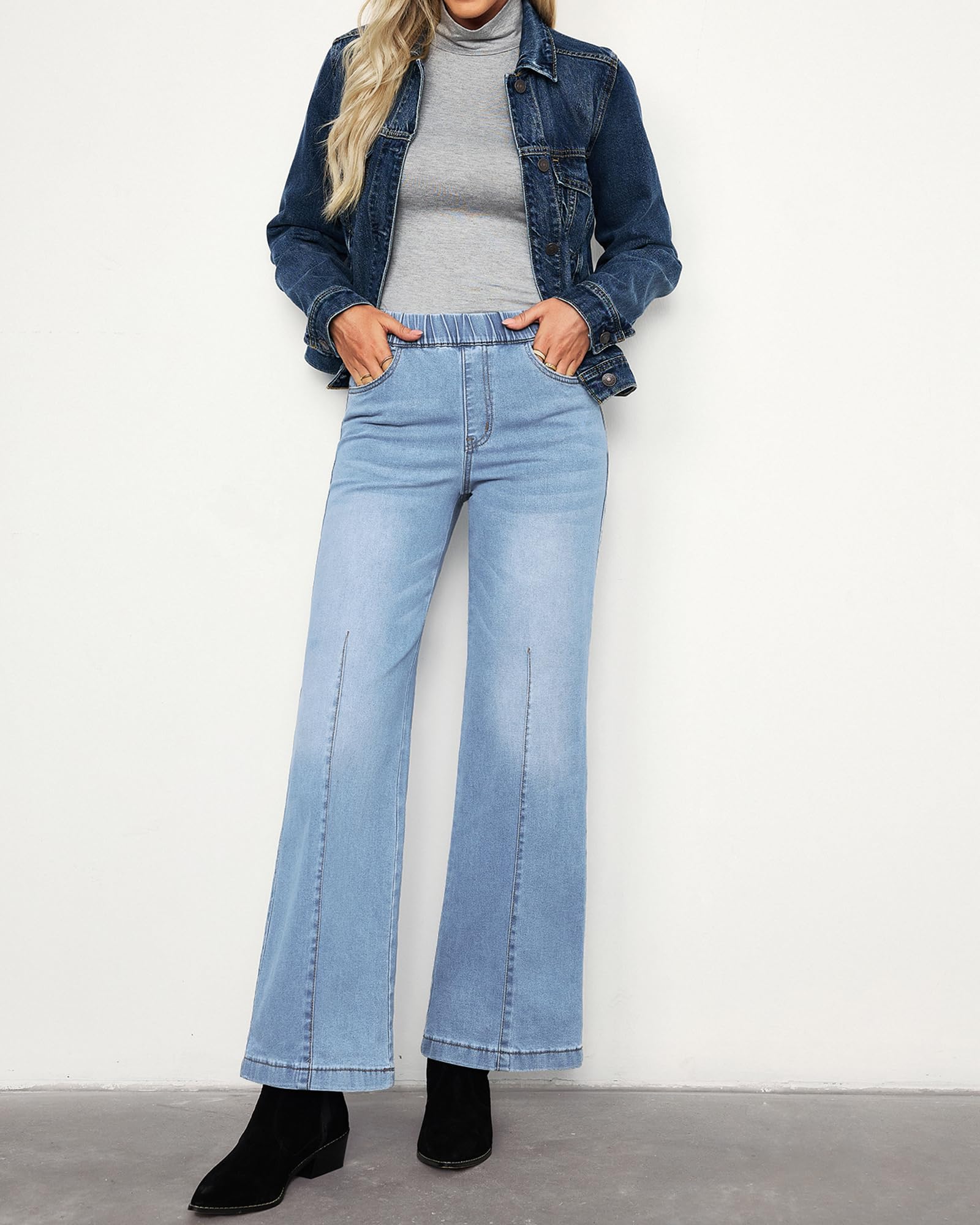 Roskiky Jeans Damen High Waist Pull On mom Jeans Stretchy High Waisted Denim Wide Leg Trouser Pants Trendy Front Seam 90s Loose Jean