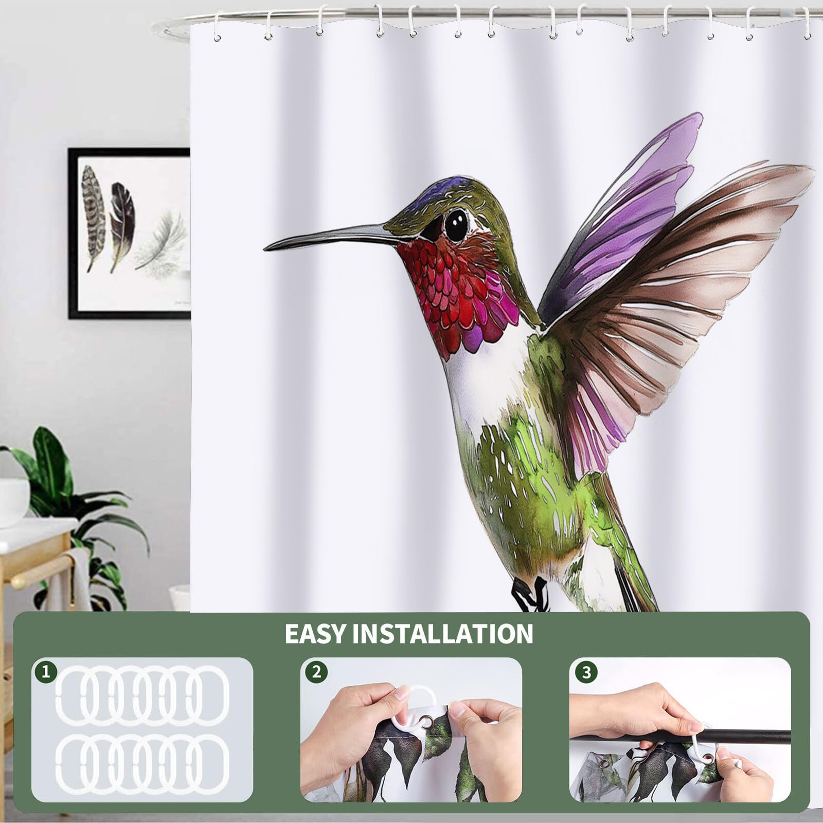 Rideau De Douche Colibri en Vol Animaux À L'Aquarelle Tissu Imperméable Lavable avec Crochets Anti Moisissure en Polyester Rideau Douche pour Salle De Bain