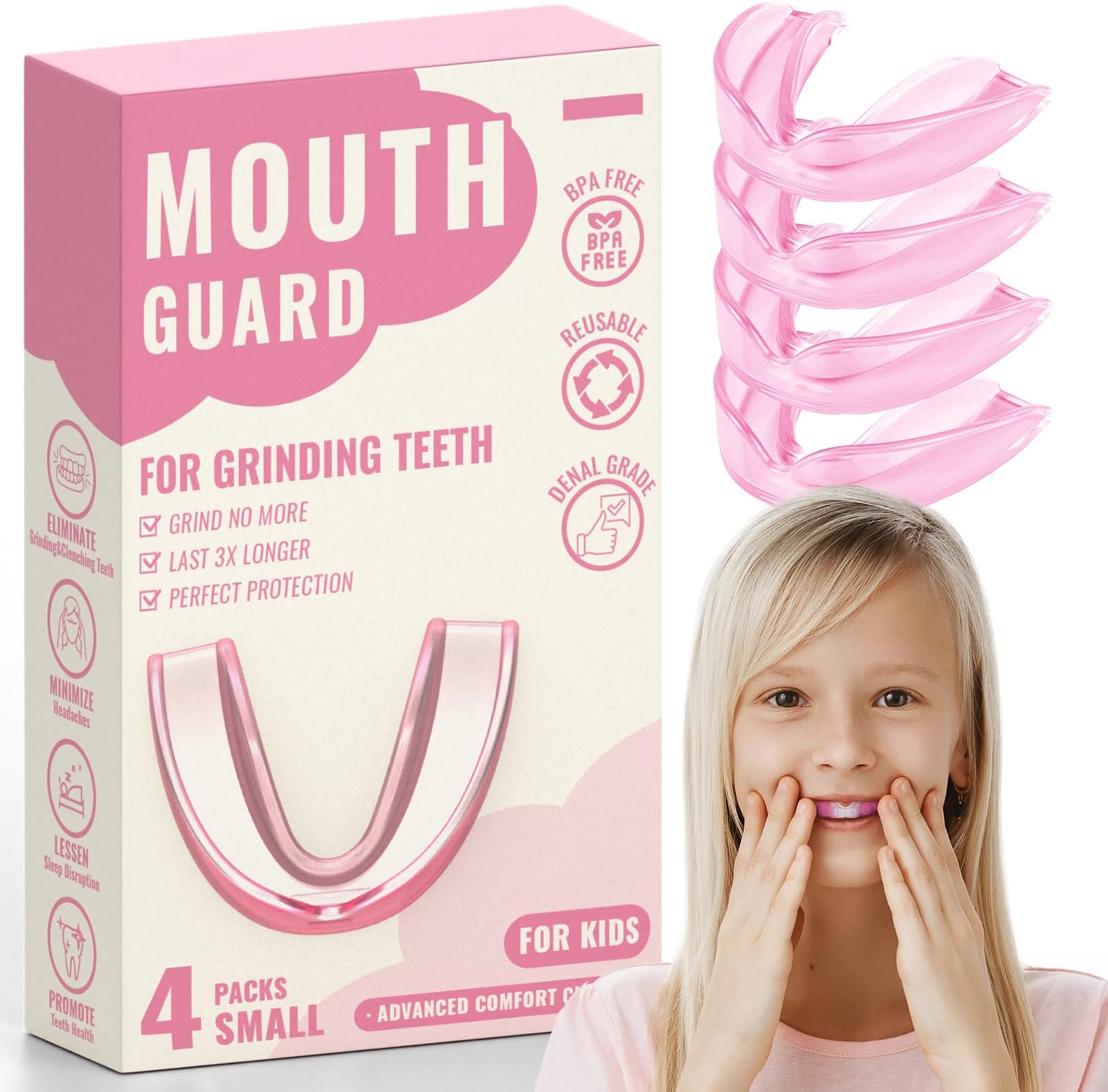 4 Pack Pink Kids Mouth Guard for Teeth Grinding,Comfortable Night Guard,Moldable Child Bite Guard for Clenching Teeth, Mouthguard for Kids