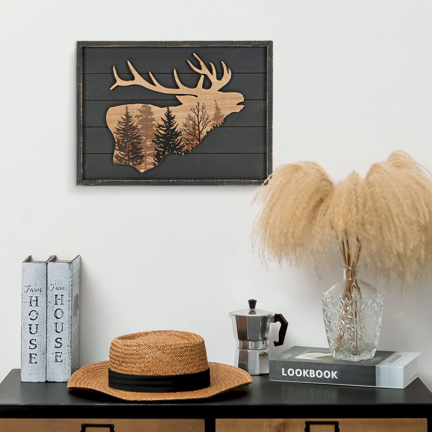 NIKKY HOME Cabin Wall Decor, Decorative Moose Wood Framed Forest Mountain Woodland Wildlife Lodge Deer Animal Picture Art Print Bathroom Decor, 16 x 12 Inches