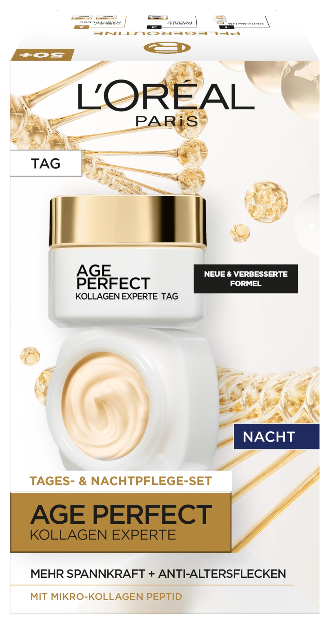 L'Oréal Paris Straffendes Gesichtspflegeset für reife Haut mit Anti-Aging Tagescreme und Nachtcreme gegen Altersflecken, mit Collagen AS Fragments, Age Perfect Pro Collagen Expert, 2 x 50 ml