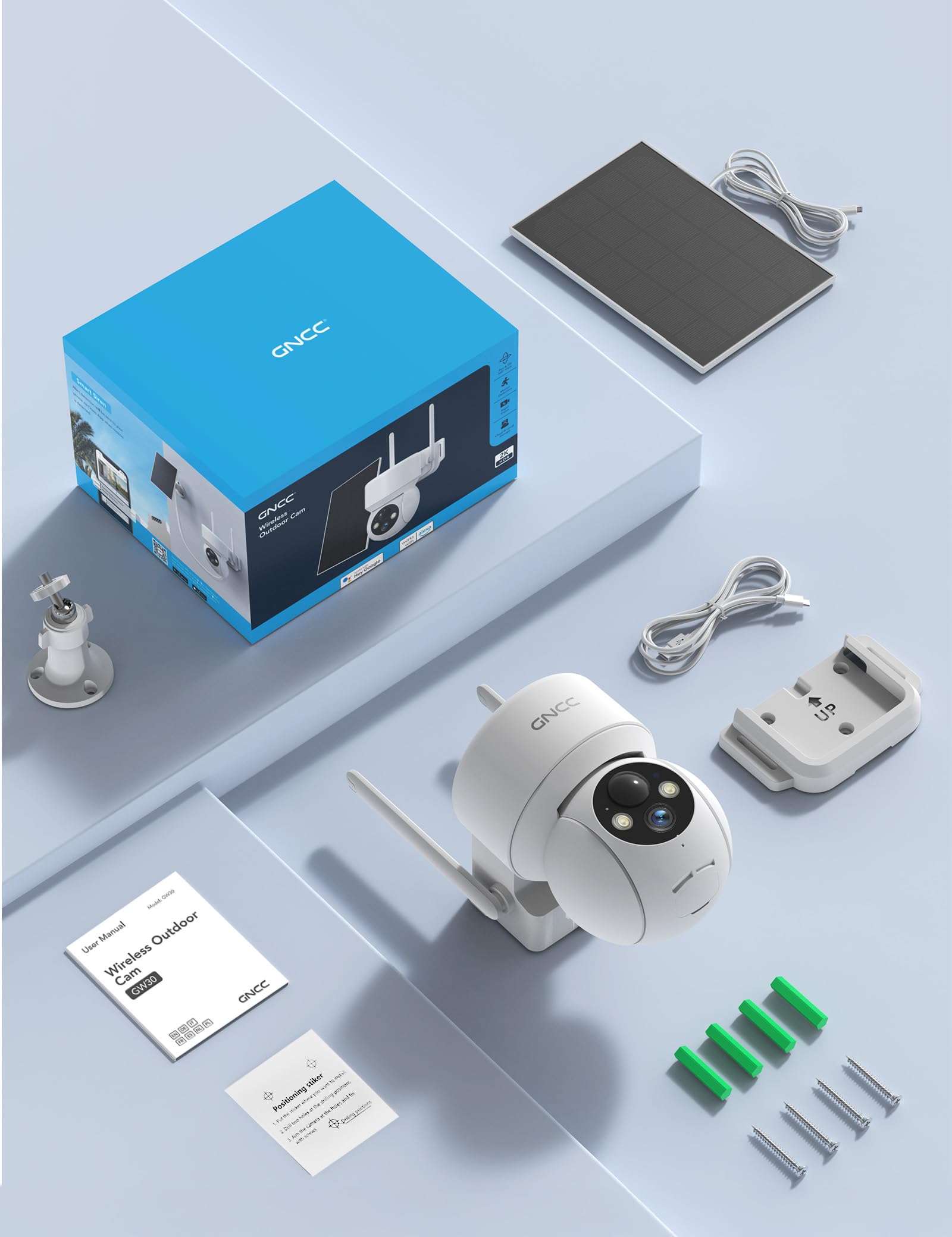 GNCC Telecamera WiFi Esterno Senza Fili con Pannello Solare, 2MP Videocamera Sorveglianza Esterno a Batteria 5200mAh, Rilevamento PIR/Umano, 360° PTZ, Visione Notturna a Colori, Audio Bidirezionale