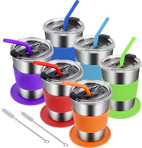 Miniatura 1 de Wownnic Vasos para niños con tapa y pajita, 6 paquetes de vasos de acero inoxidable de 12 onzas para niños, con hebillas cerradas a prueba de fugas,