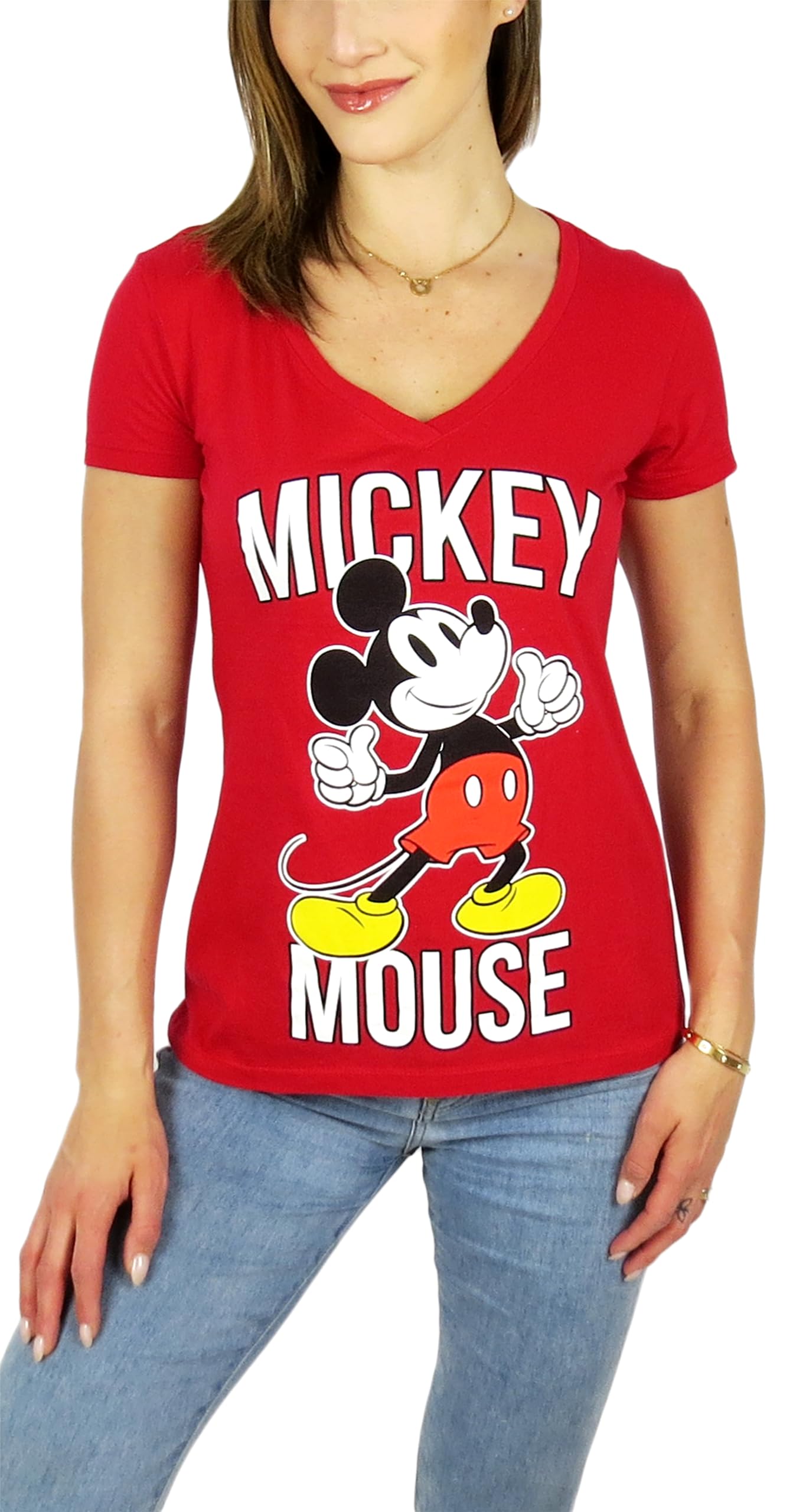 Disney Womens Mickey Mouse Stand V-Neck Tee (US, Alpha, Small, Regular, Regular, Thumbs Up Red)