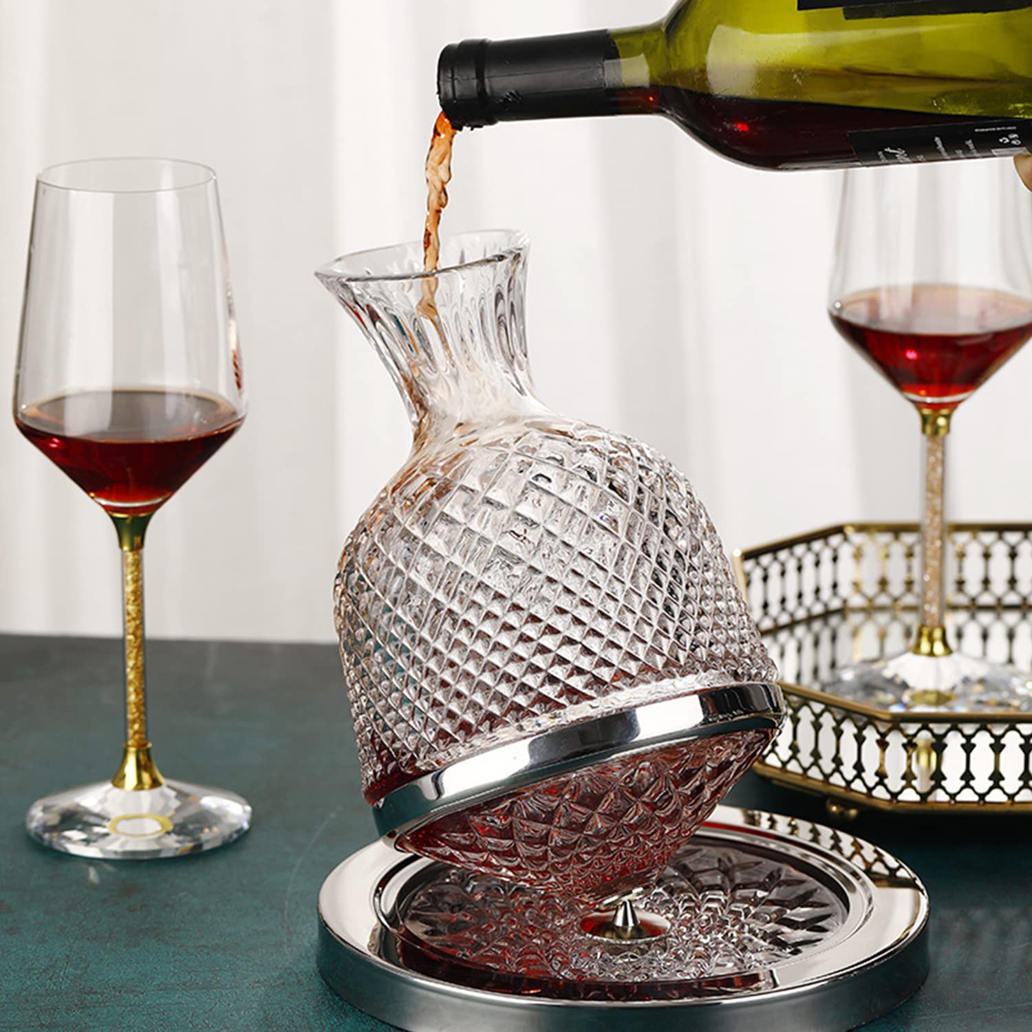 Szklana dekanter do wina, obracany o 360°, 1,5 l, karafka na czerwone wino, dla mężczyzn, miłośników wina na wesele, urodziny, Dzień Ojca, styl A, jeden rozmiar